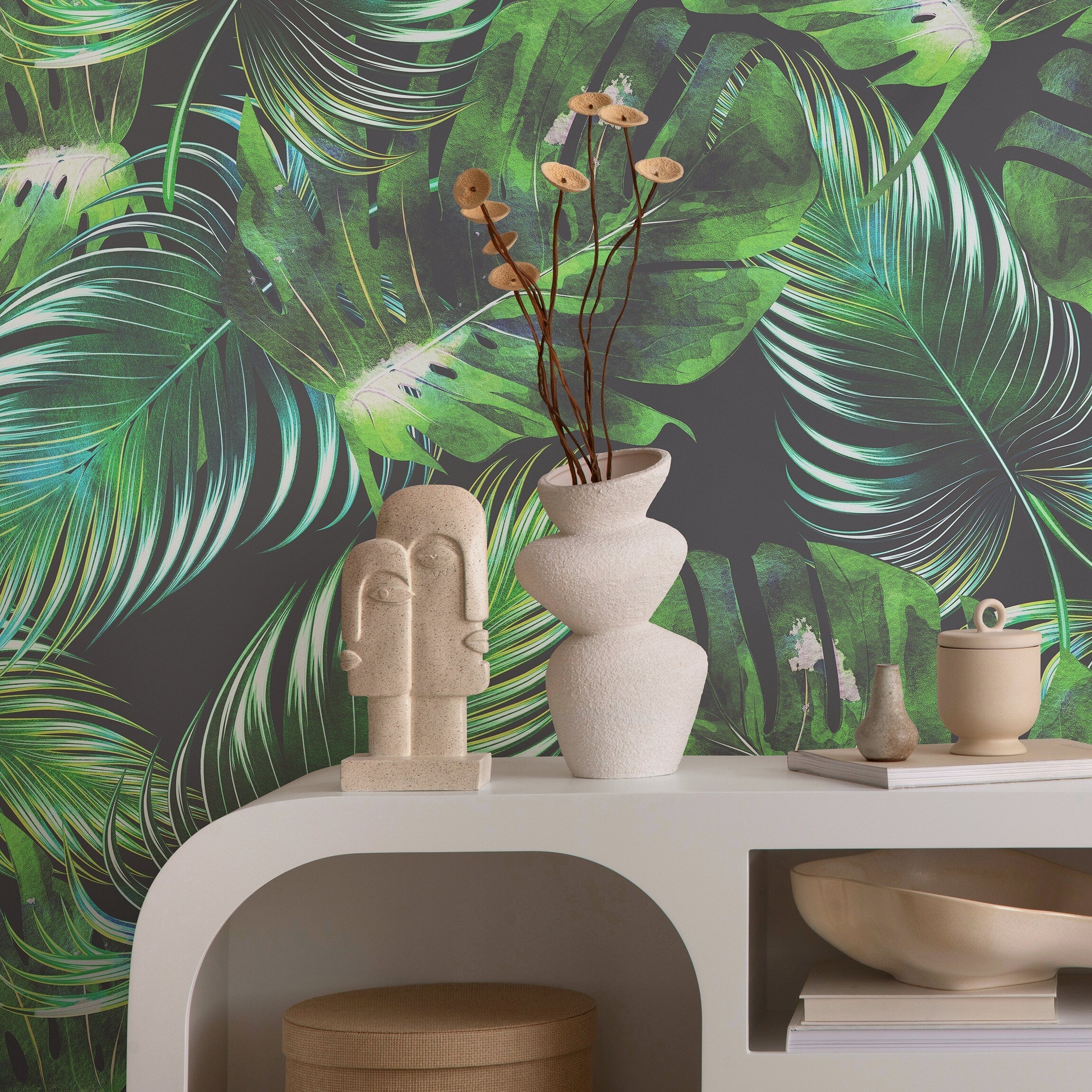 Botanical Wallpaper With Monstera And Palm Leaves In Green And Gray - B126