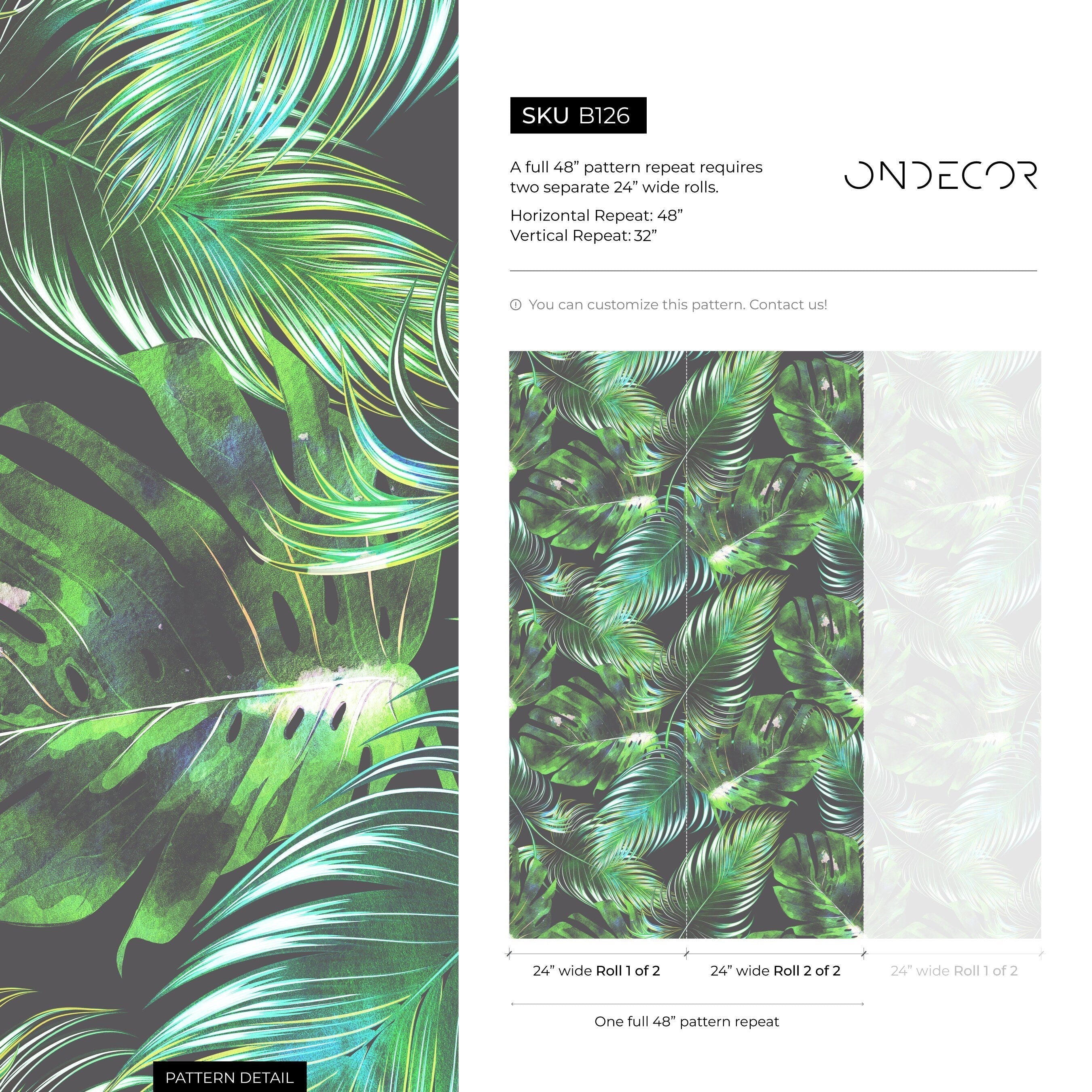 Botanical Wallpaper With Monstera And Palm Leaves In Green And Gray - B126