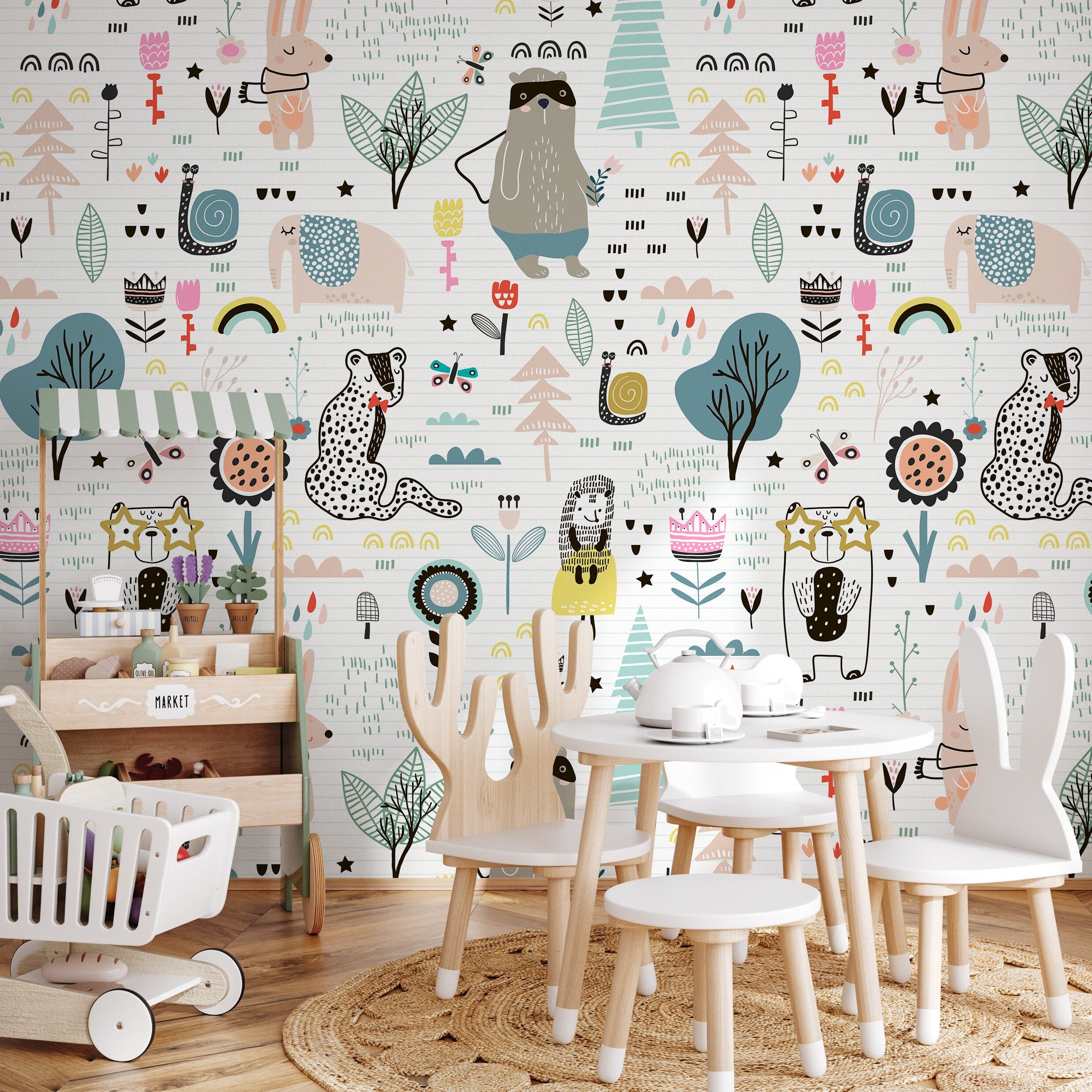 Kids Wallpaper With Whimsical Woodland Animals In Teal, Pink, And Yellow - B331