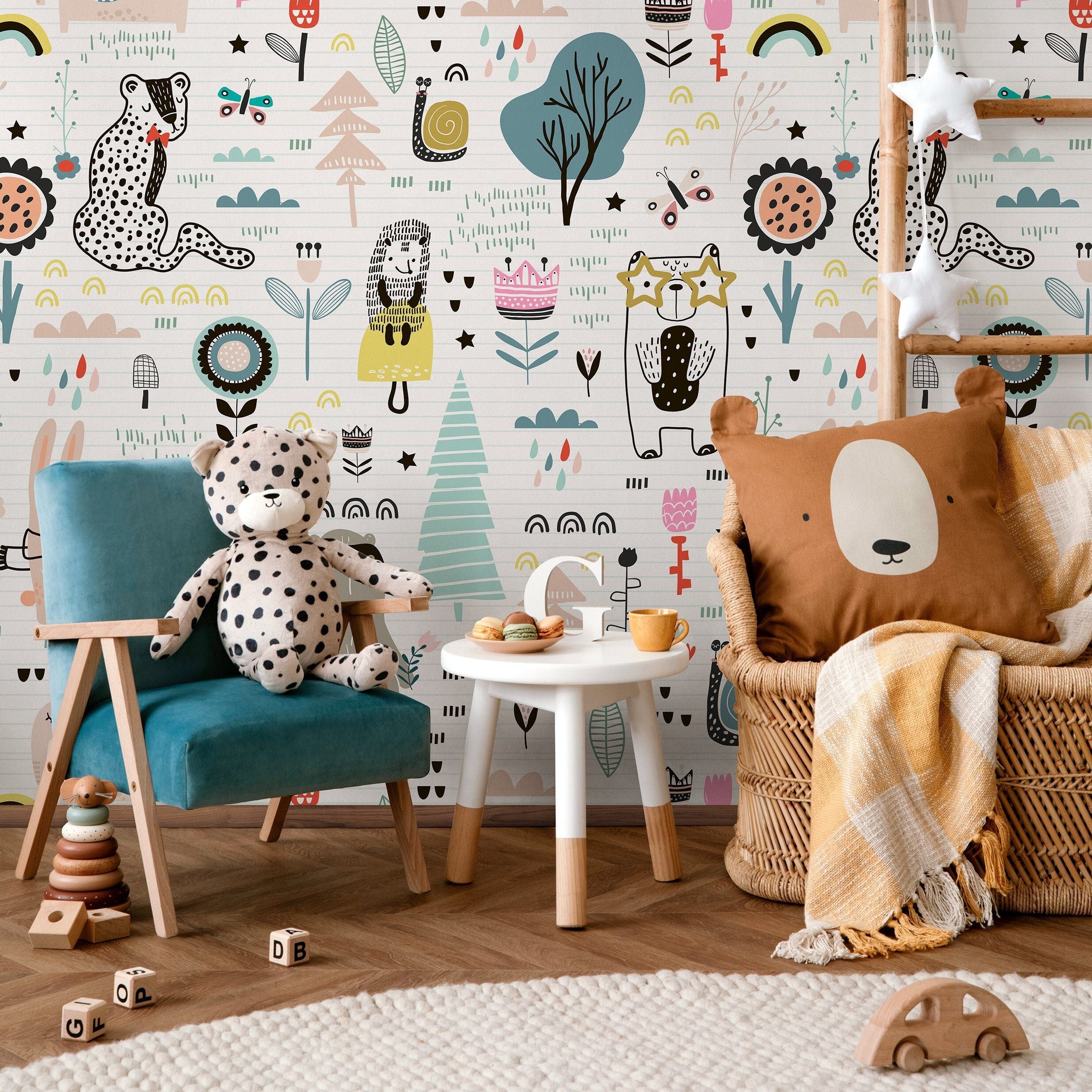 Kids Wallpaper With Whimsical Woodland Animals In Teal, Pink, And Yellow - B331