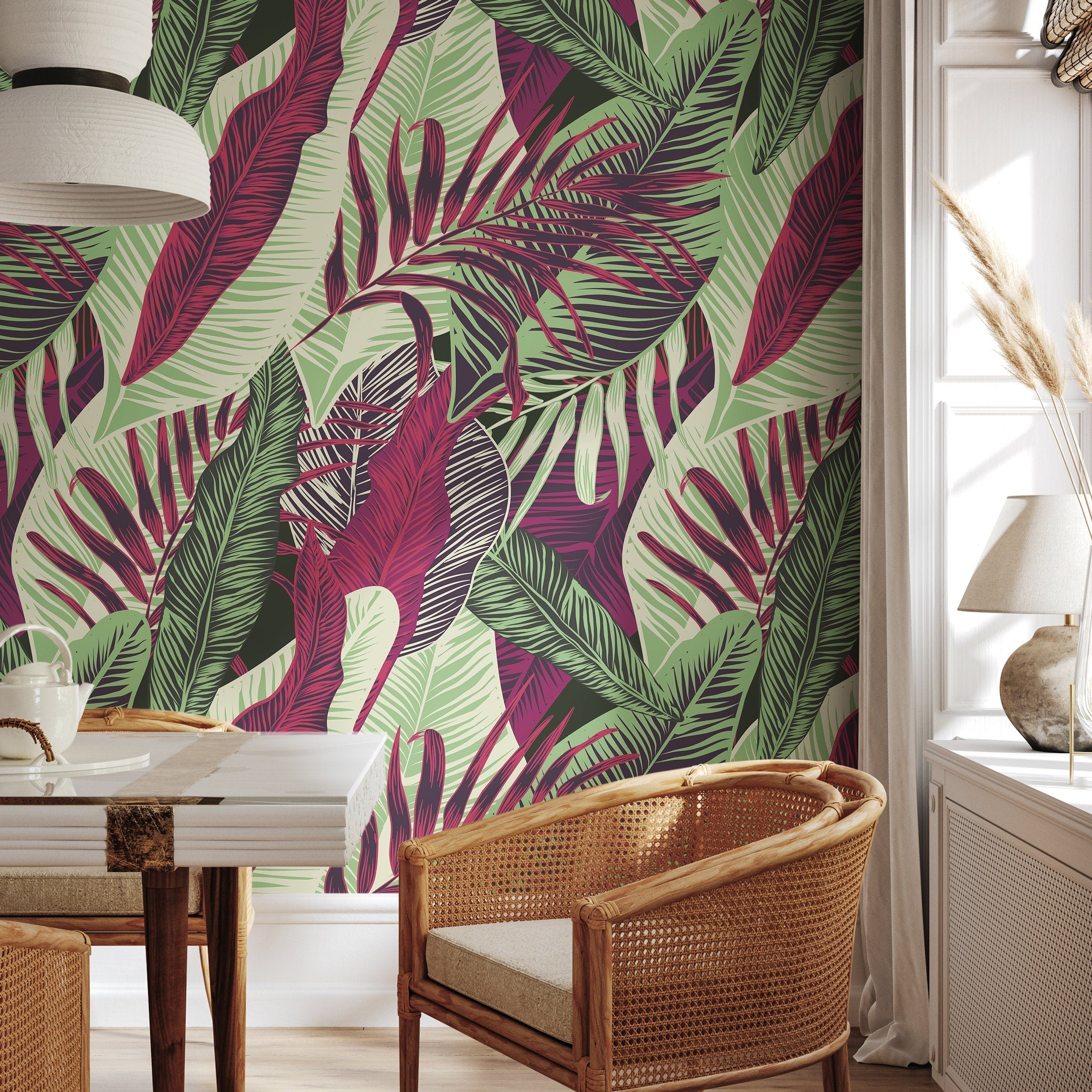 Tropical Wallpaper With Bold Jungle Leaves In Red, Green, And Purple - B132