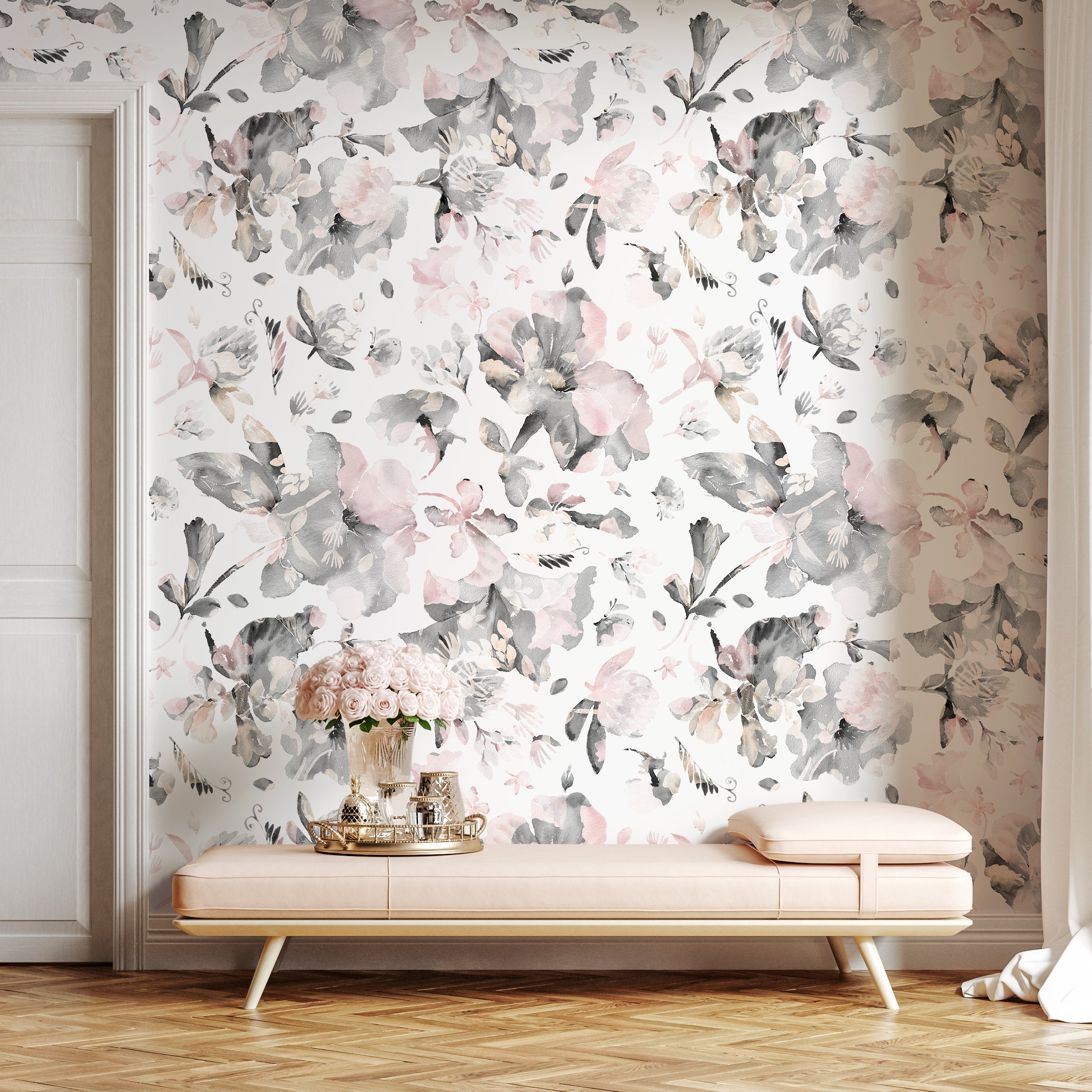 Floral Wallpaper With Abstract Watercolor Flowers In Pink And Gray - B135