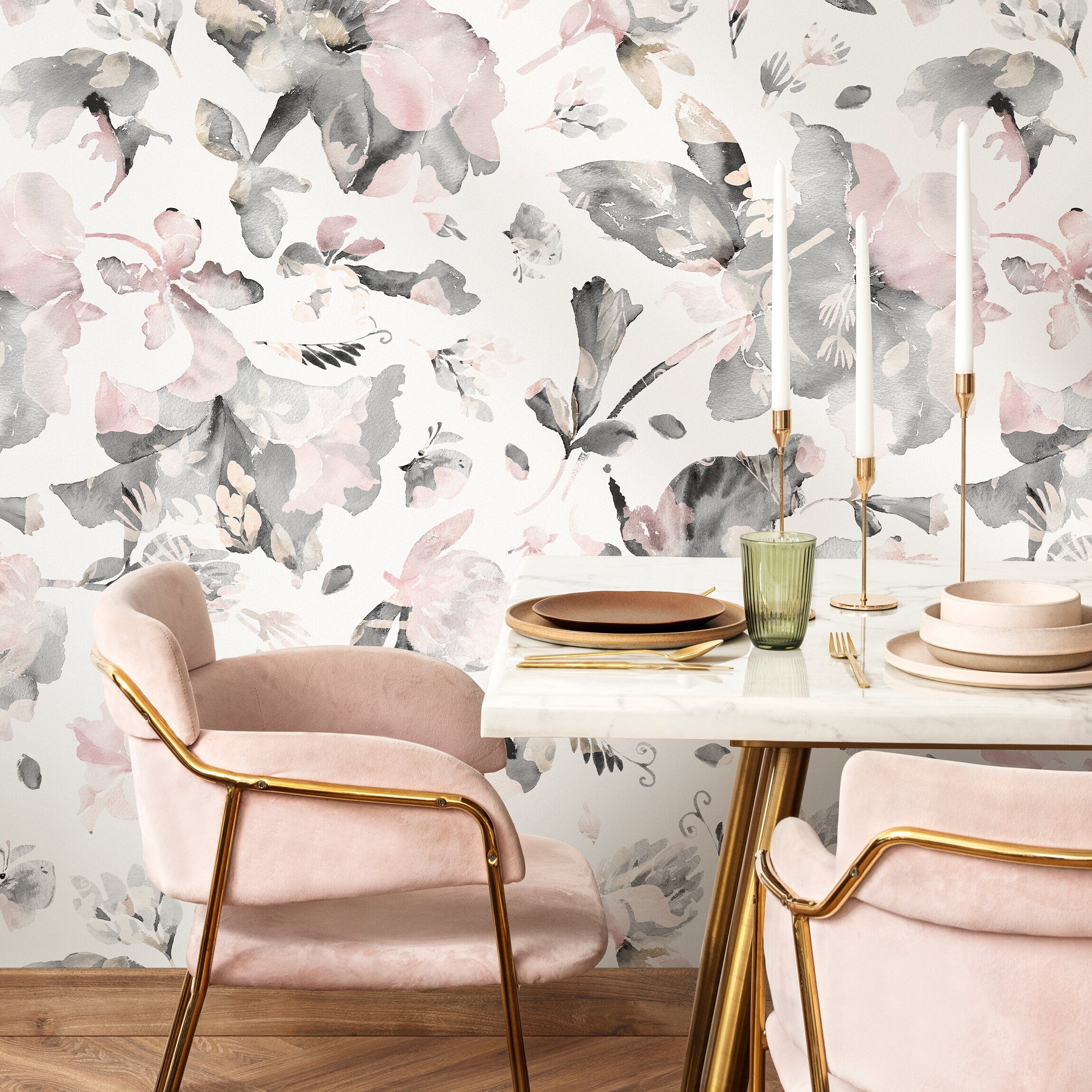 Floral Wallpaper With Abstract Watercolor Flowers In Pink And Gray - B135