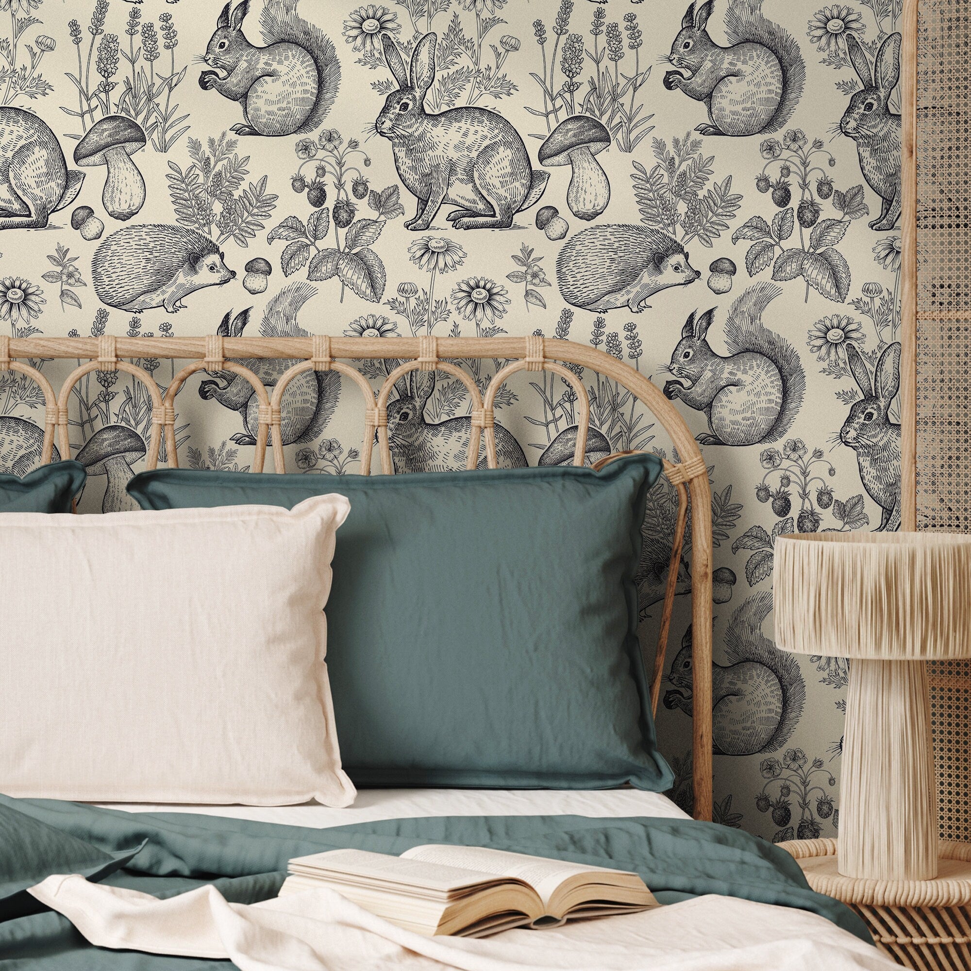 Woodland Wallpaper With Vintage Engraved Forest Animals In Black And Cream - B405