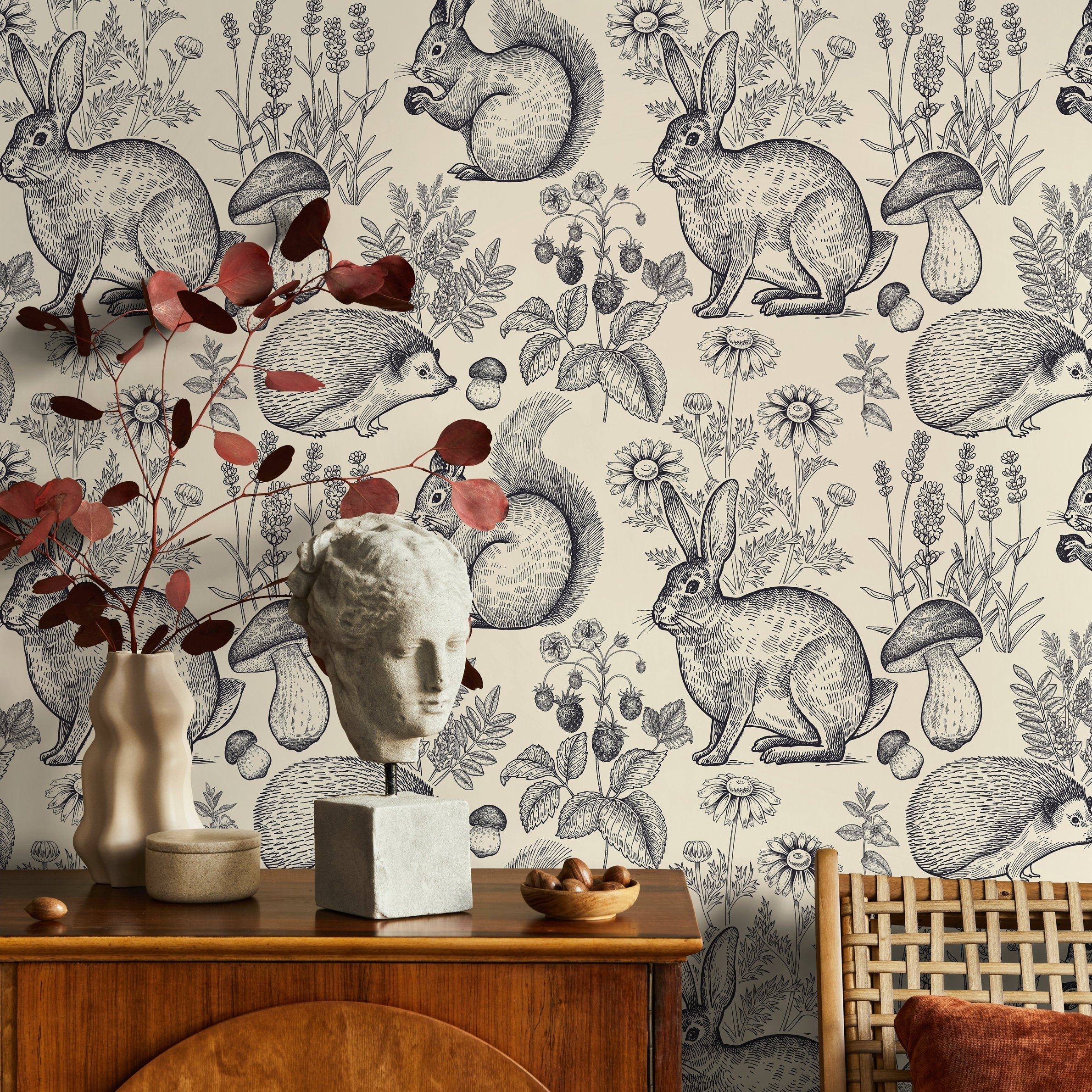 Woodland Wallpaper With Vintage Engraved Forest Animals In Black And Cream - B405