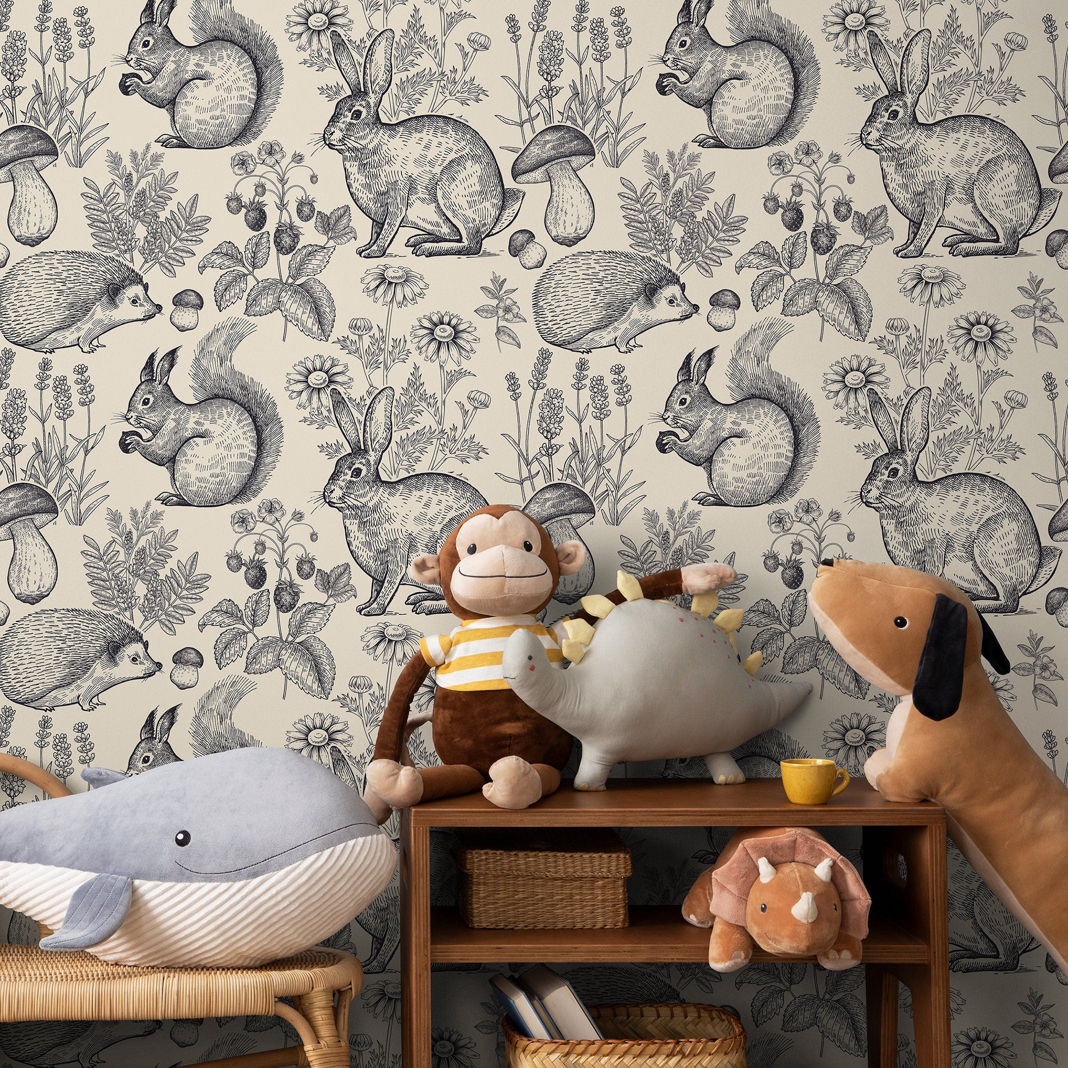 Woodland Wallpaper With Vintage Engraved Forest Animals In Black And Cream - B405