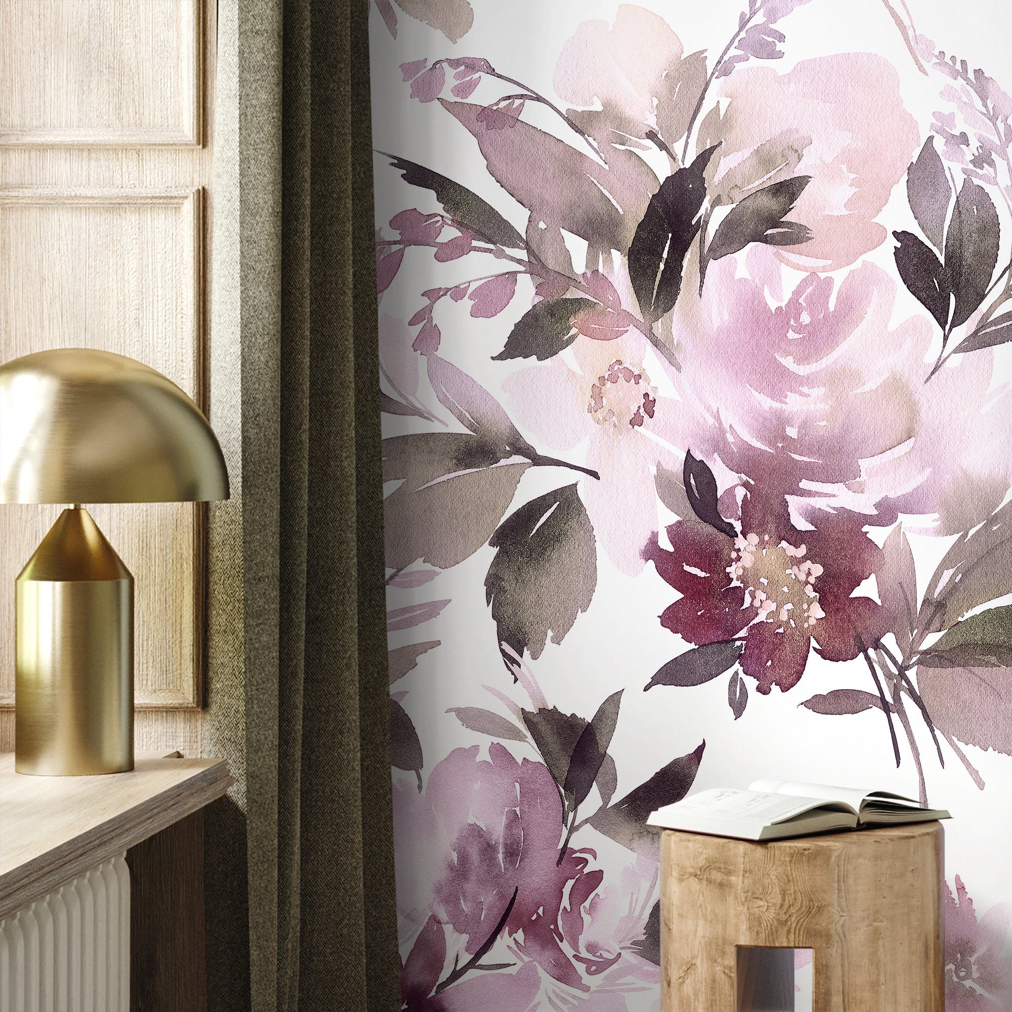 Watercolor Wallpaper With Abstract Blooms In Mauve, Purple, And Brown - B137