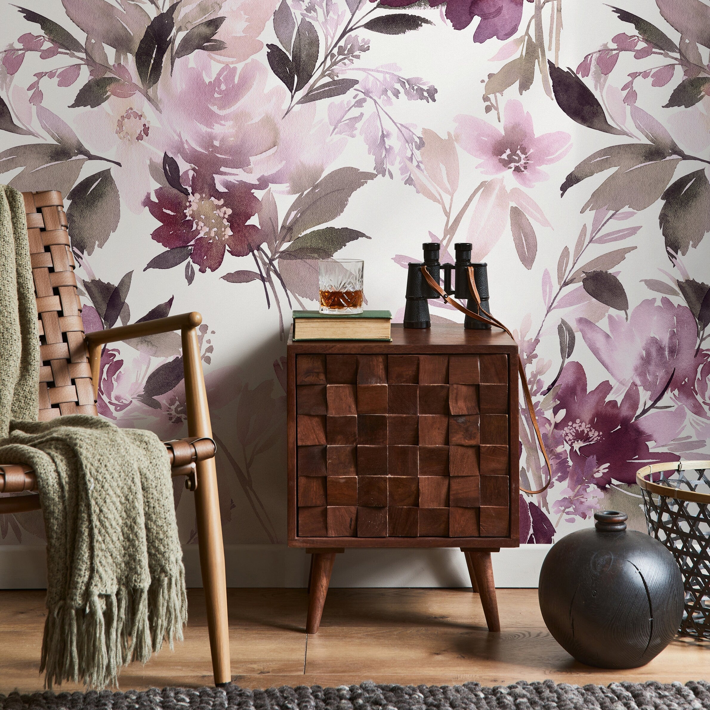 Watercolor Wallpaper With Abstract Blooms In Mauve, Purple, And Brown - B137