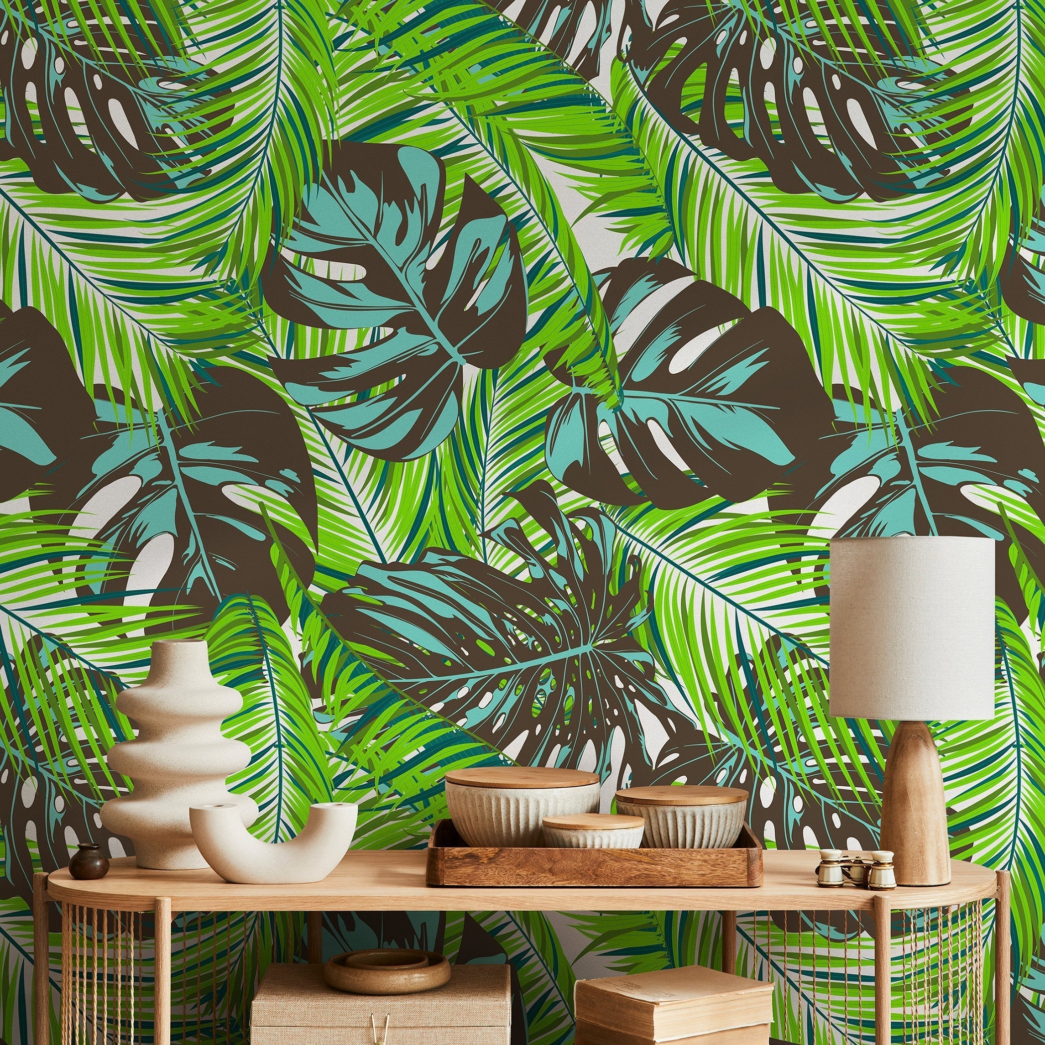 Tropical Wallpaper With Monstera And Palm Leaves In Green, Teal, And Brown - B138