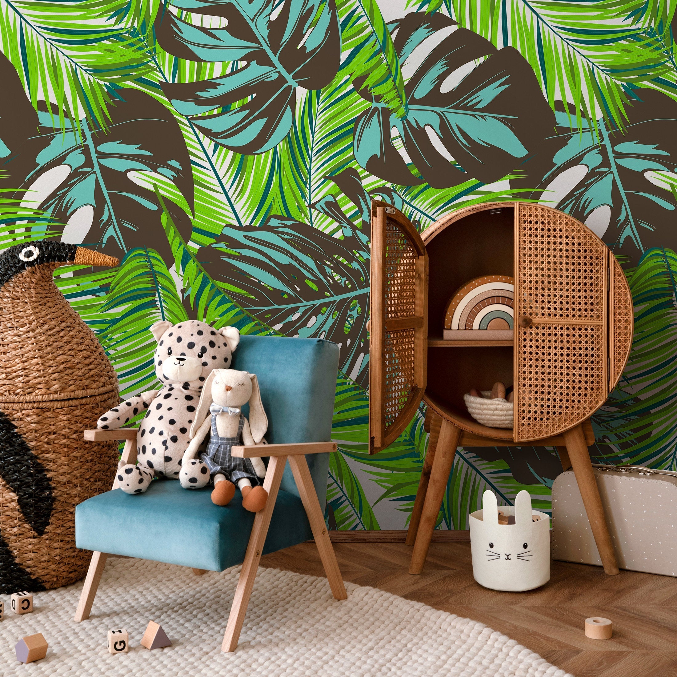 Tropical Wallpaper With Monstera And Palm Leaves In Green, Teal, And Brown - B138