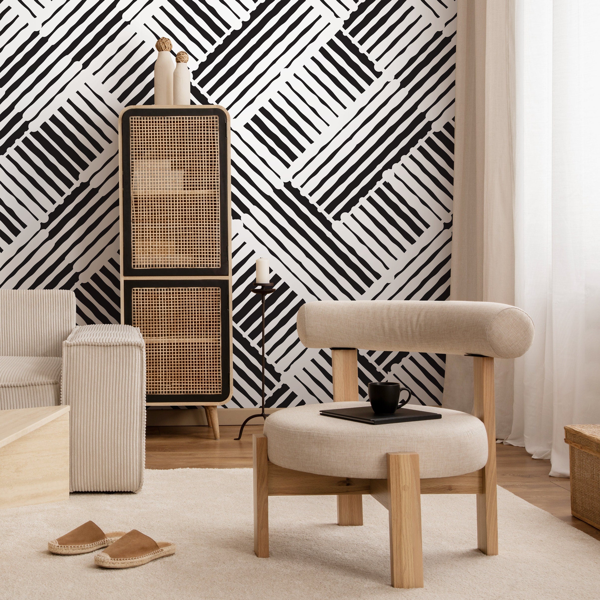 Abstract Wallpaper With A Bold Woven Line Motif In Black And White - B409