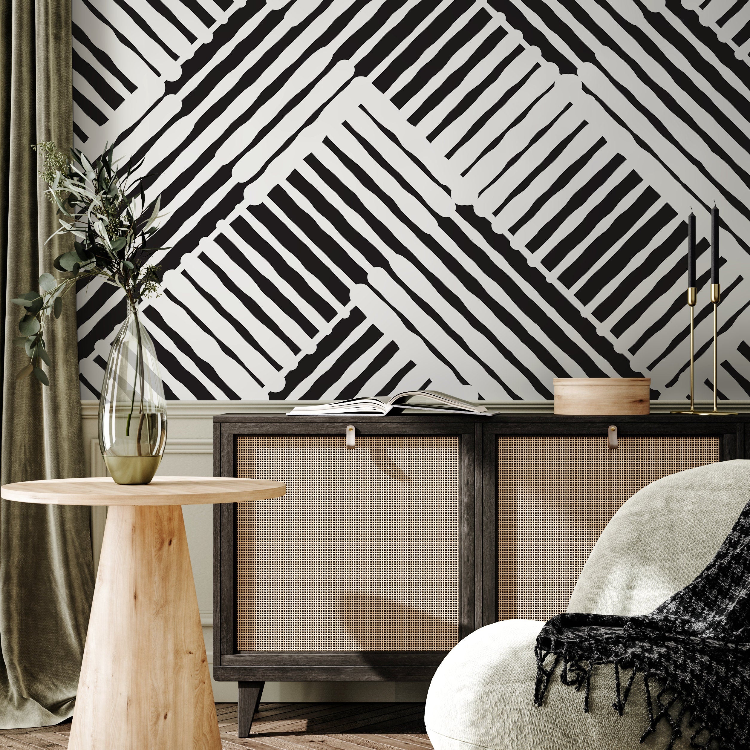Abstract Wallpaper With A Bold Woven Line Motif In Black And White - B409