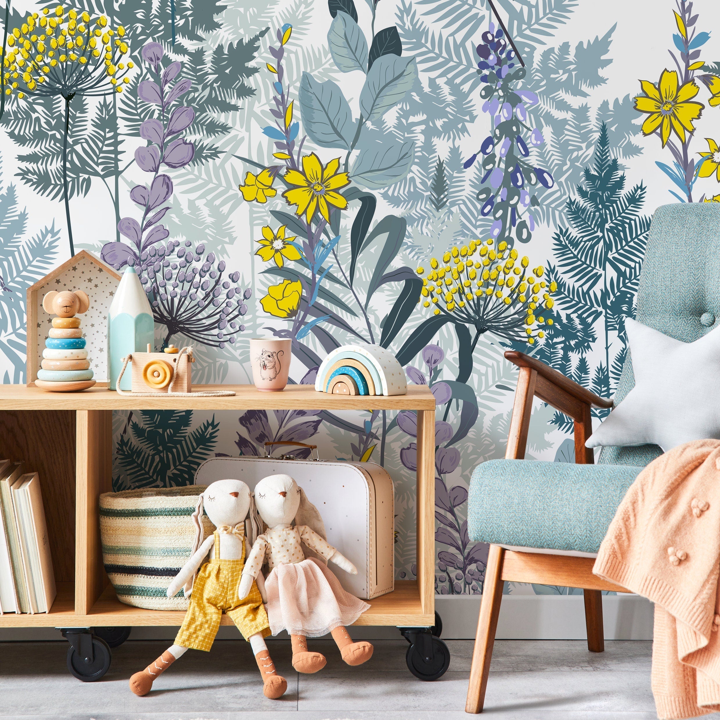 Botanical Wallpaper With Ferns And Wildflowers In Green, Yellow, And Purple - B416