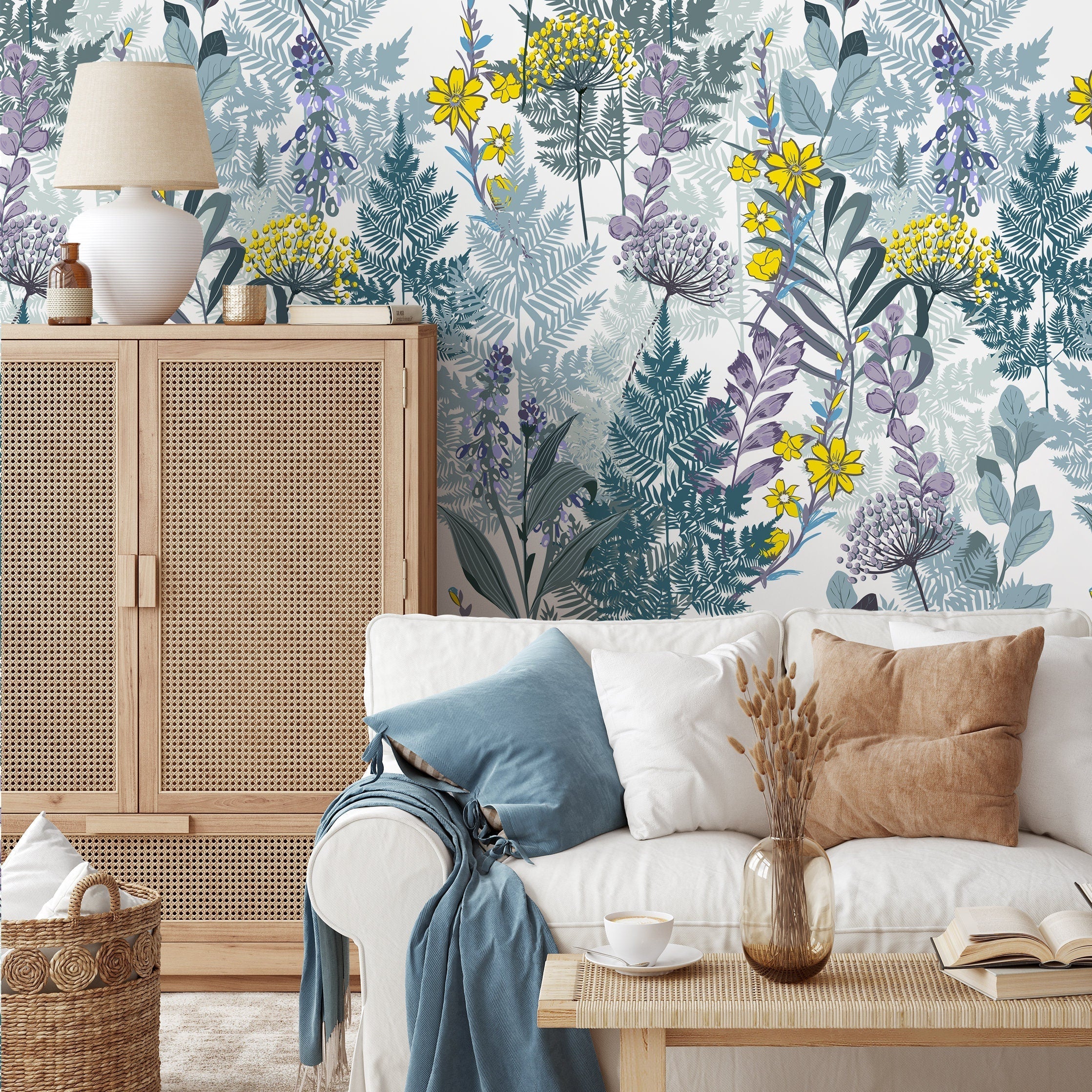 Botanical Wallpaper With Ferns And Wildflowers In Green, Yellow, And Purple - B416