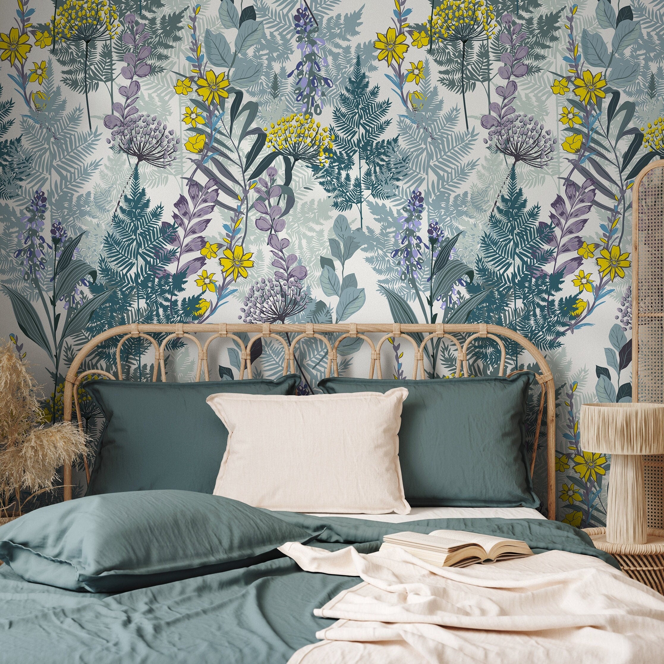 Botanical Wallpaper With Ferns And Wildflowers In Green, Yellow, And Purple - B416