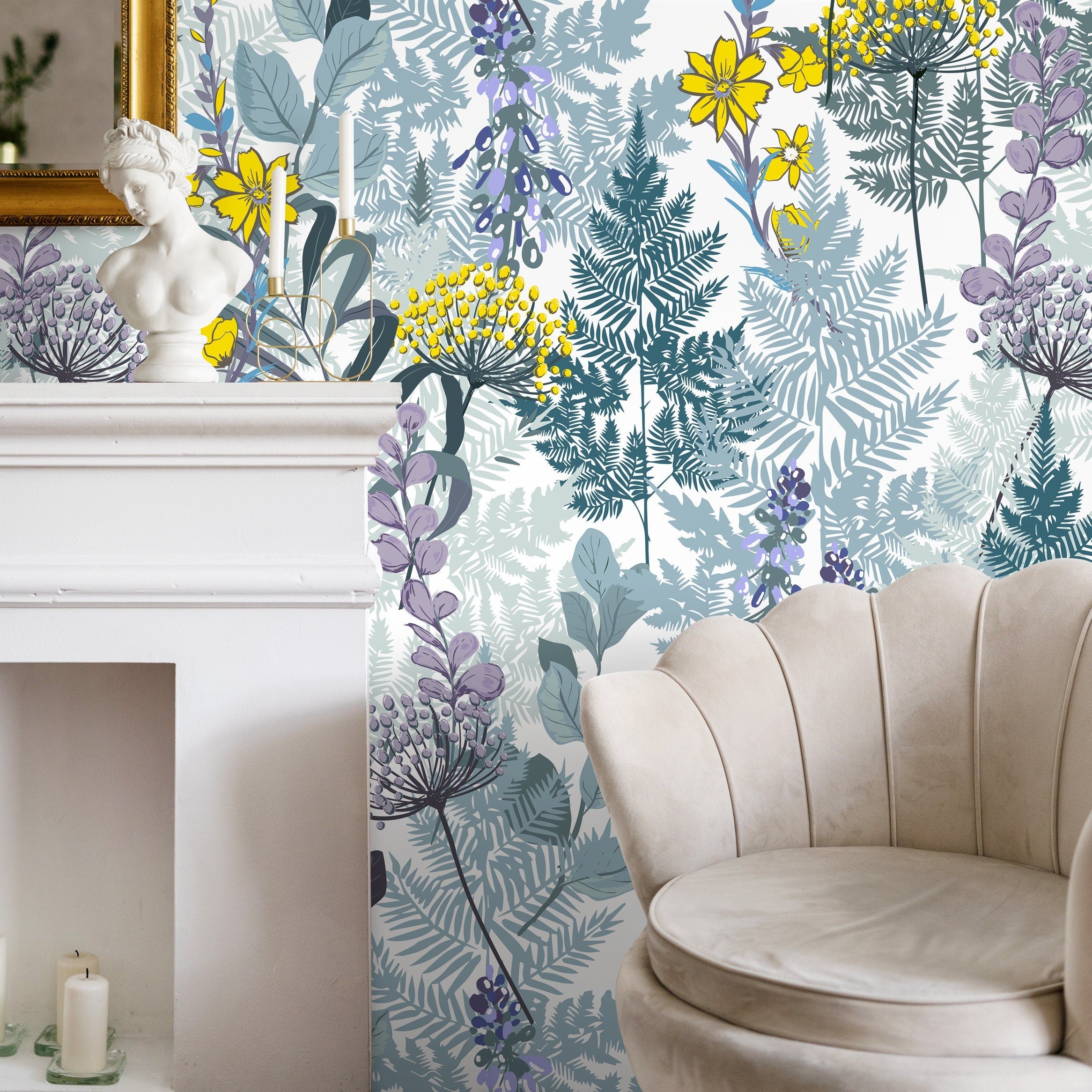 Botanical Wallpaper With Ferns And Wildflowers In Green, Yellow, And Purple - B416