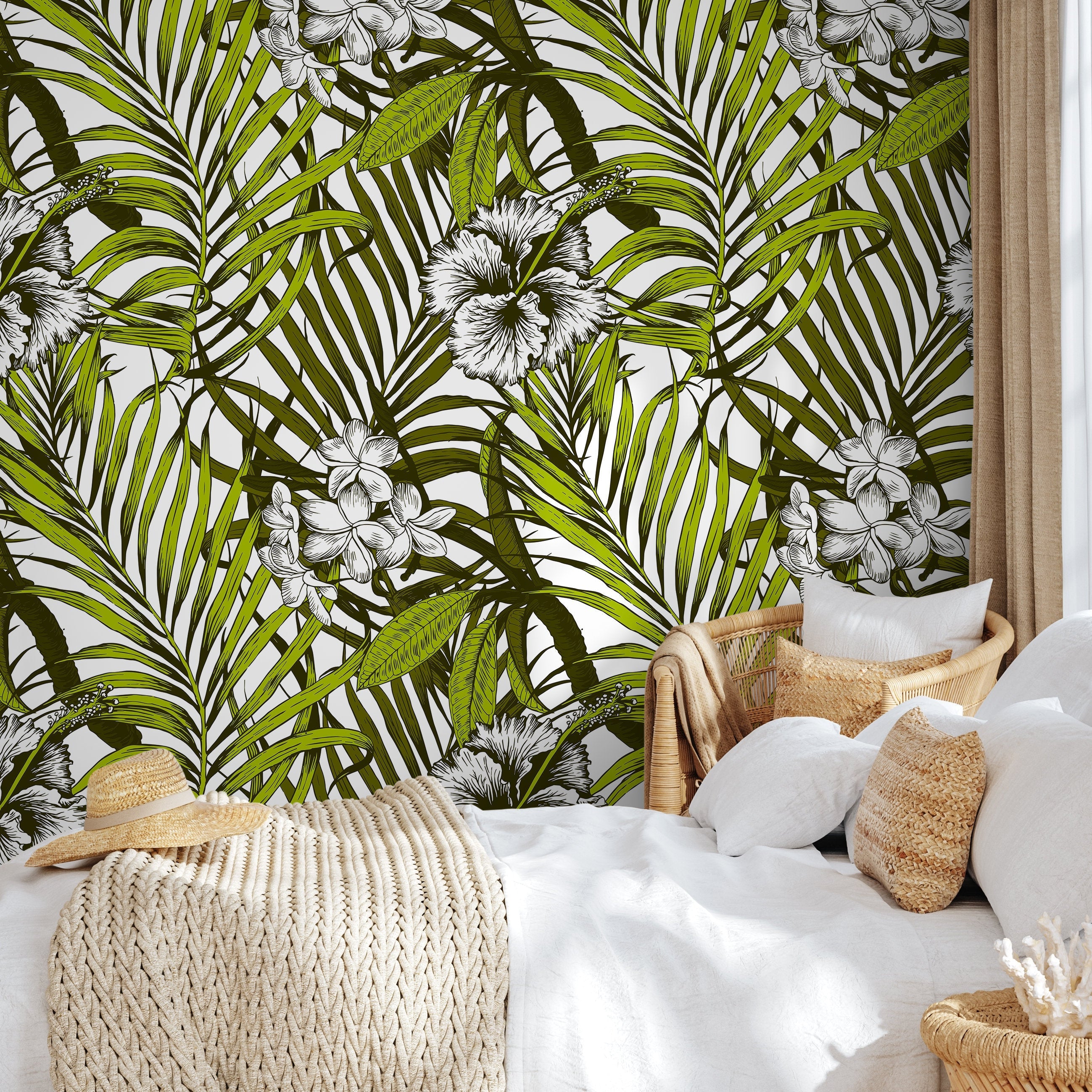 Tropical Wallpaper With Palm Leaves And Hibiscus Flowers In Green And Black - B420