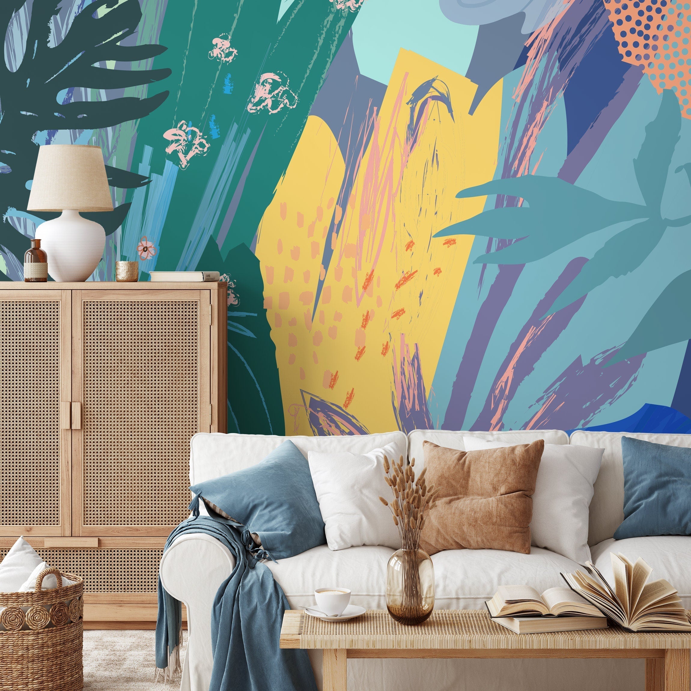 Abstract Wallpaper With A Botanical Brushstroke Collage In Teal, Yellow, And Blue - B167