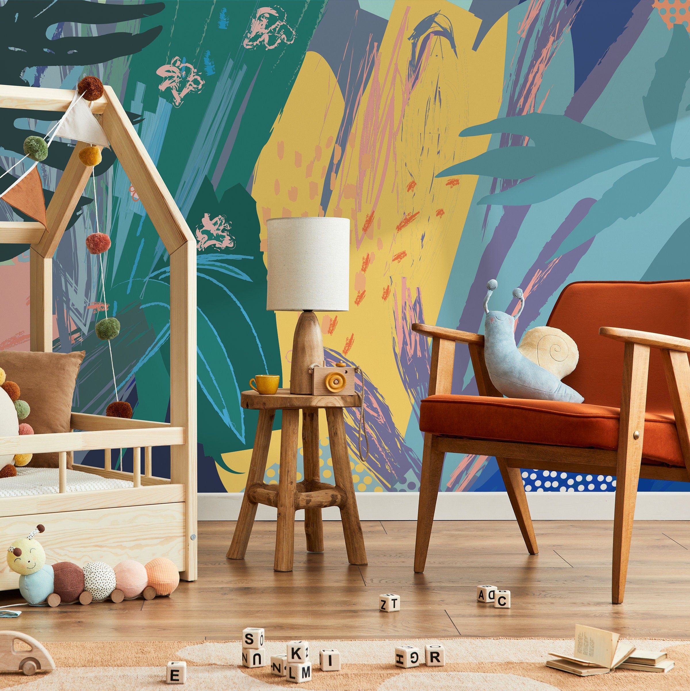 Abstract Wallpaper With A Botanical Brushstroke Collage In Teal, Yellow, And Blue - B167