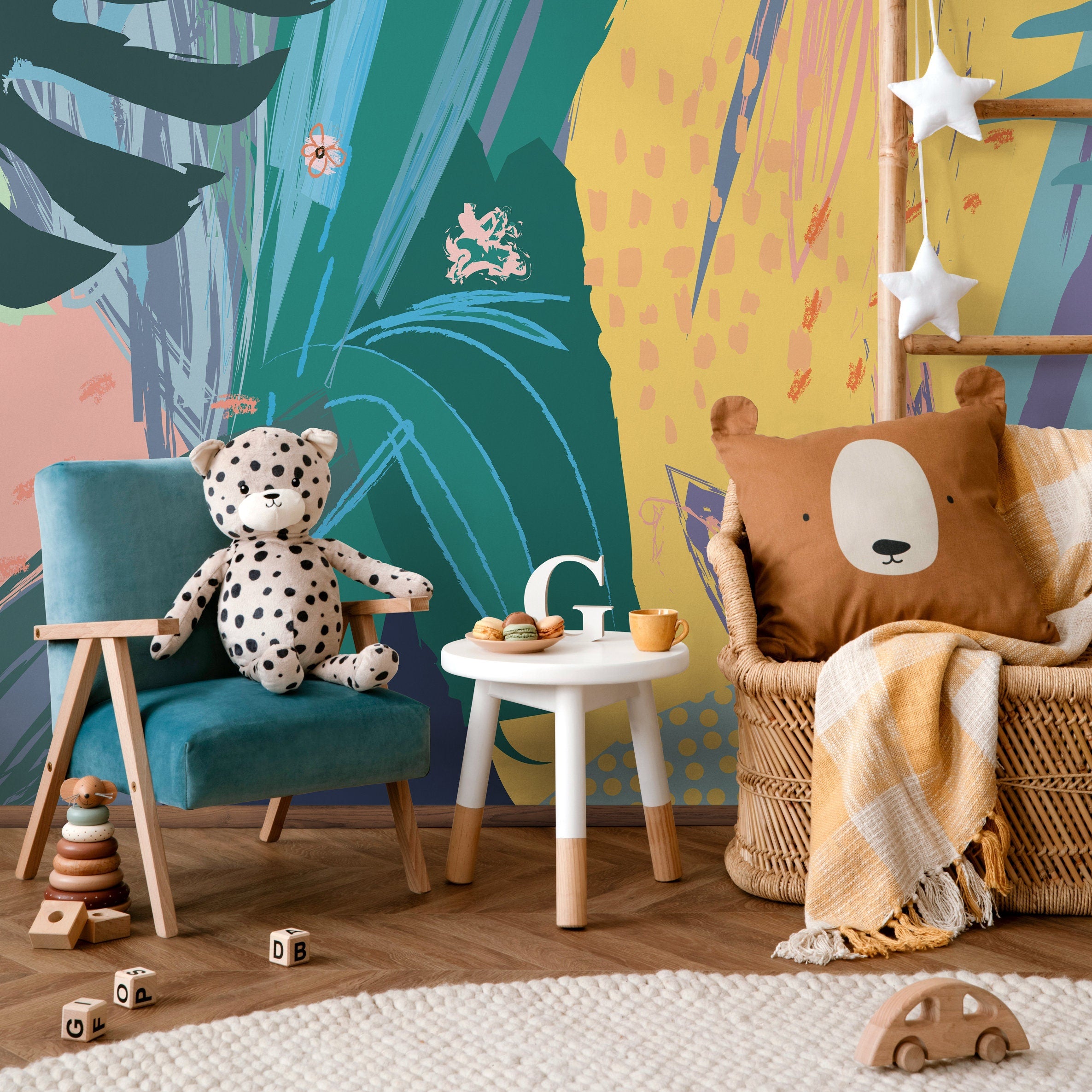 Abstract Wallpaper With A Botanical Brushstroke Collage In Teal, Yellow, And Blue - B167