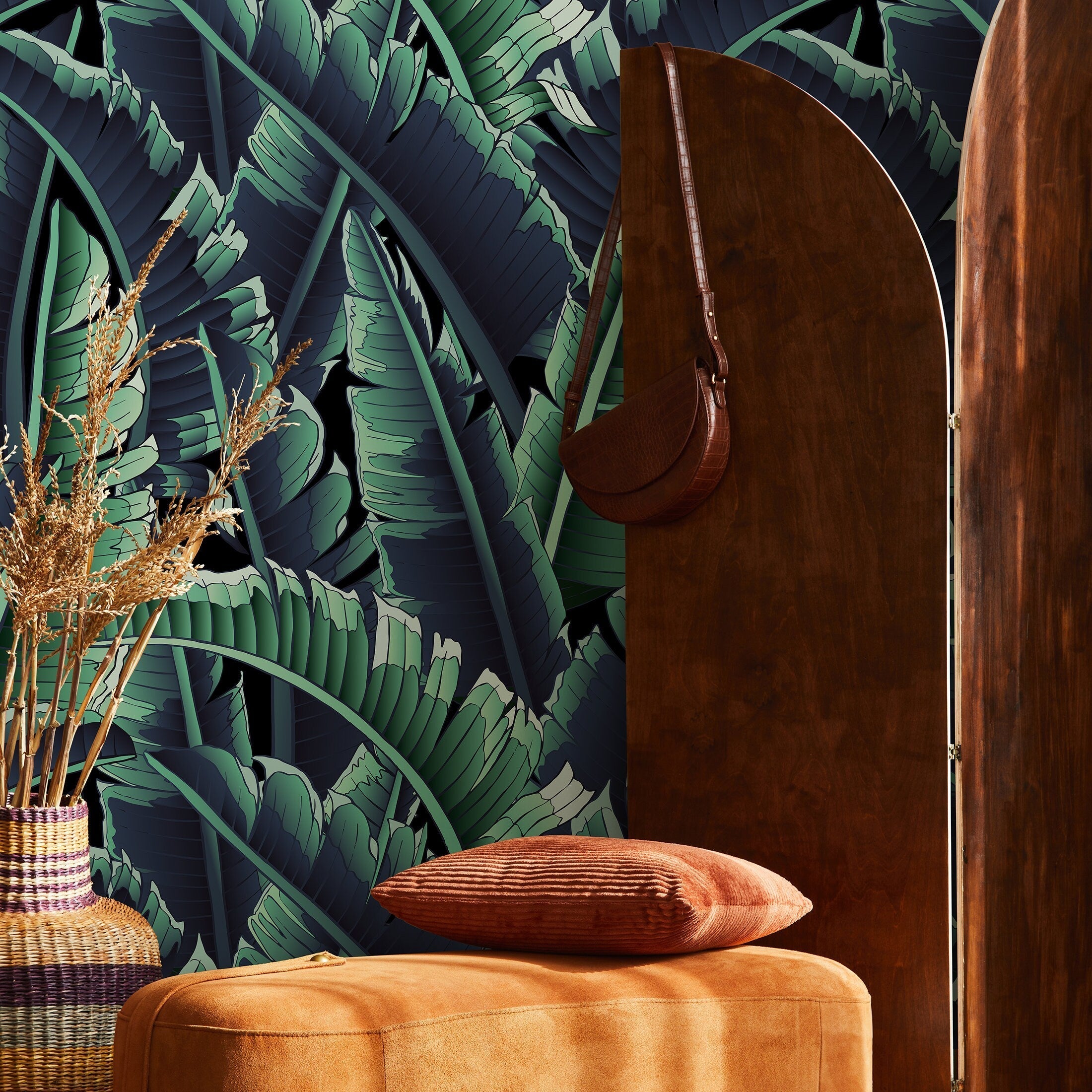 Tropical Wallpaper With Layered Banana Leaves In Green, Blue, And Black - B168