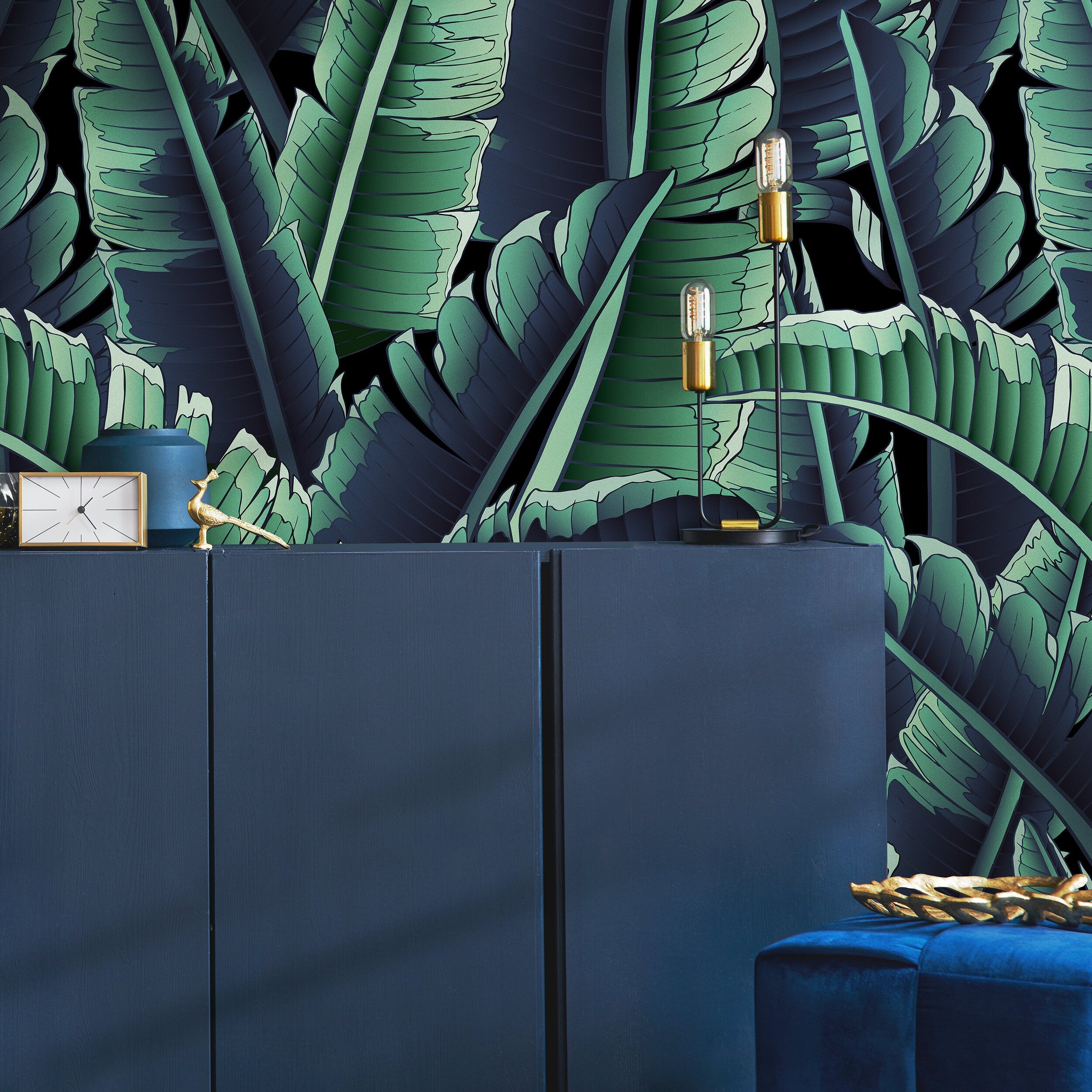 Tropical Wallpaper With Layered Banana Leaves In Green, Blue, And Black - B168
