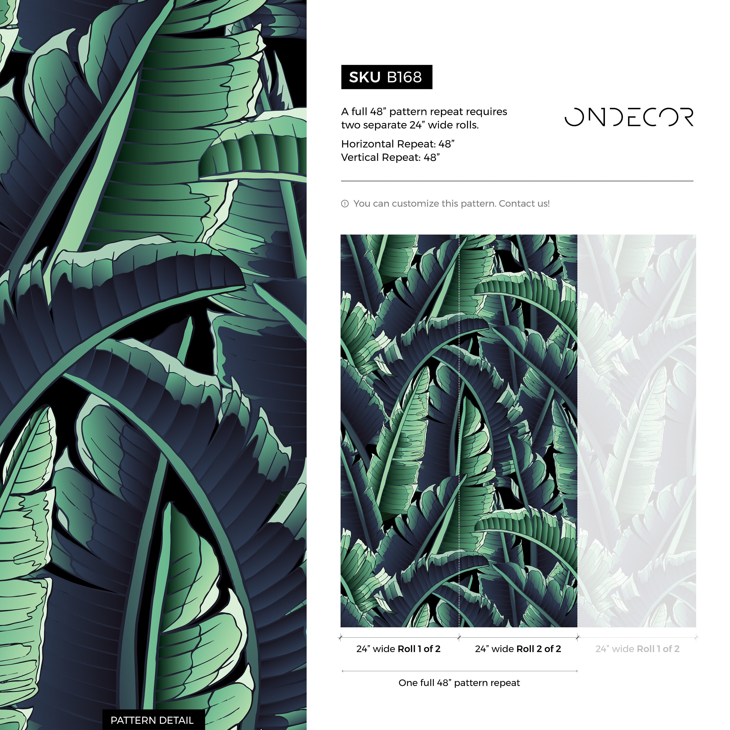 Tropical Wallpaper With Layered Banana Leaves In Green, Blue, And Black - B168