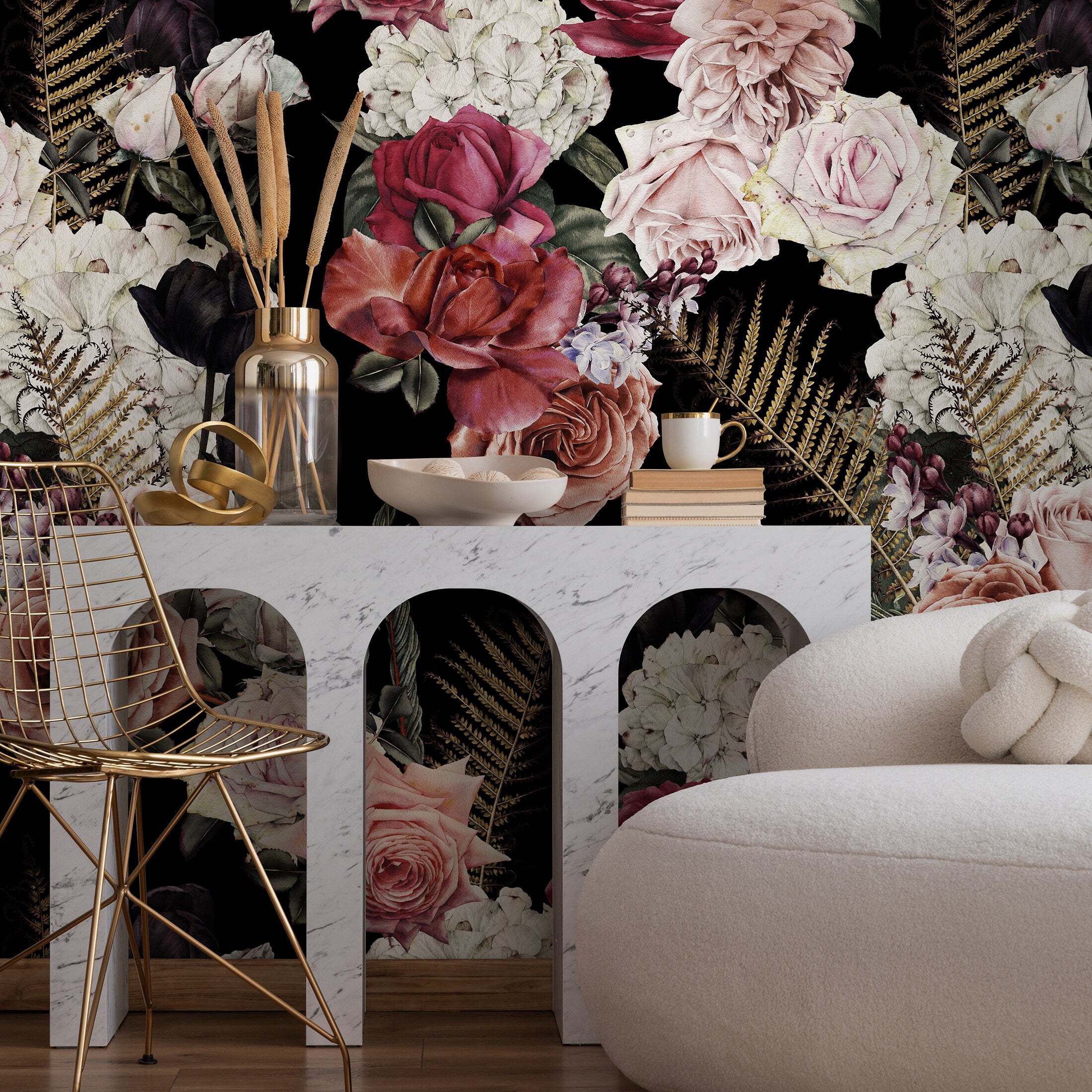 Dark Floral Wallpaper With A Moody Rose Motif In Pink And Red - B169