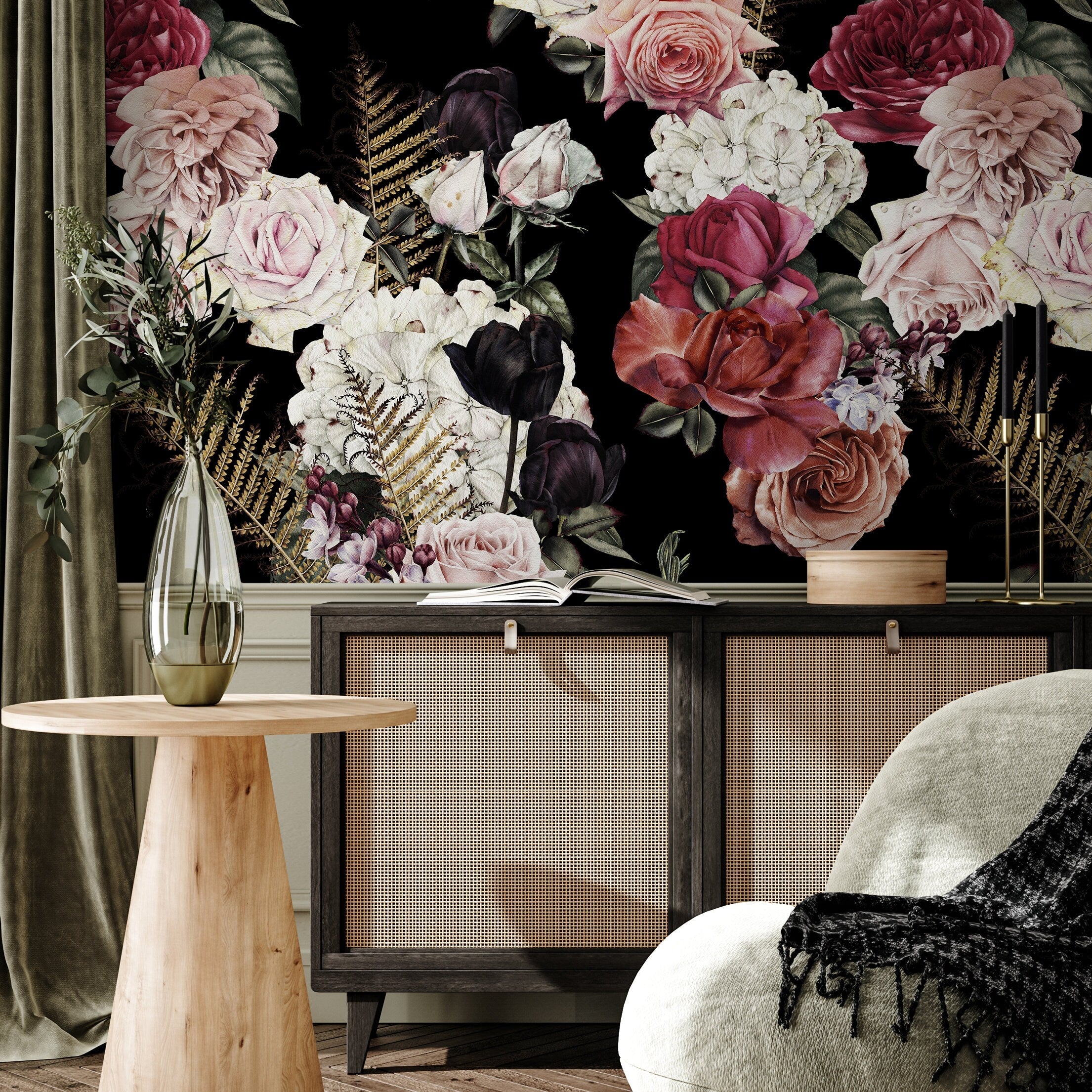 Dark Floral Wallpaper With A Moody Rose Motif In Pink And Red - B169