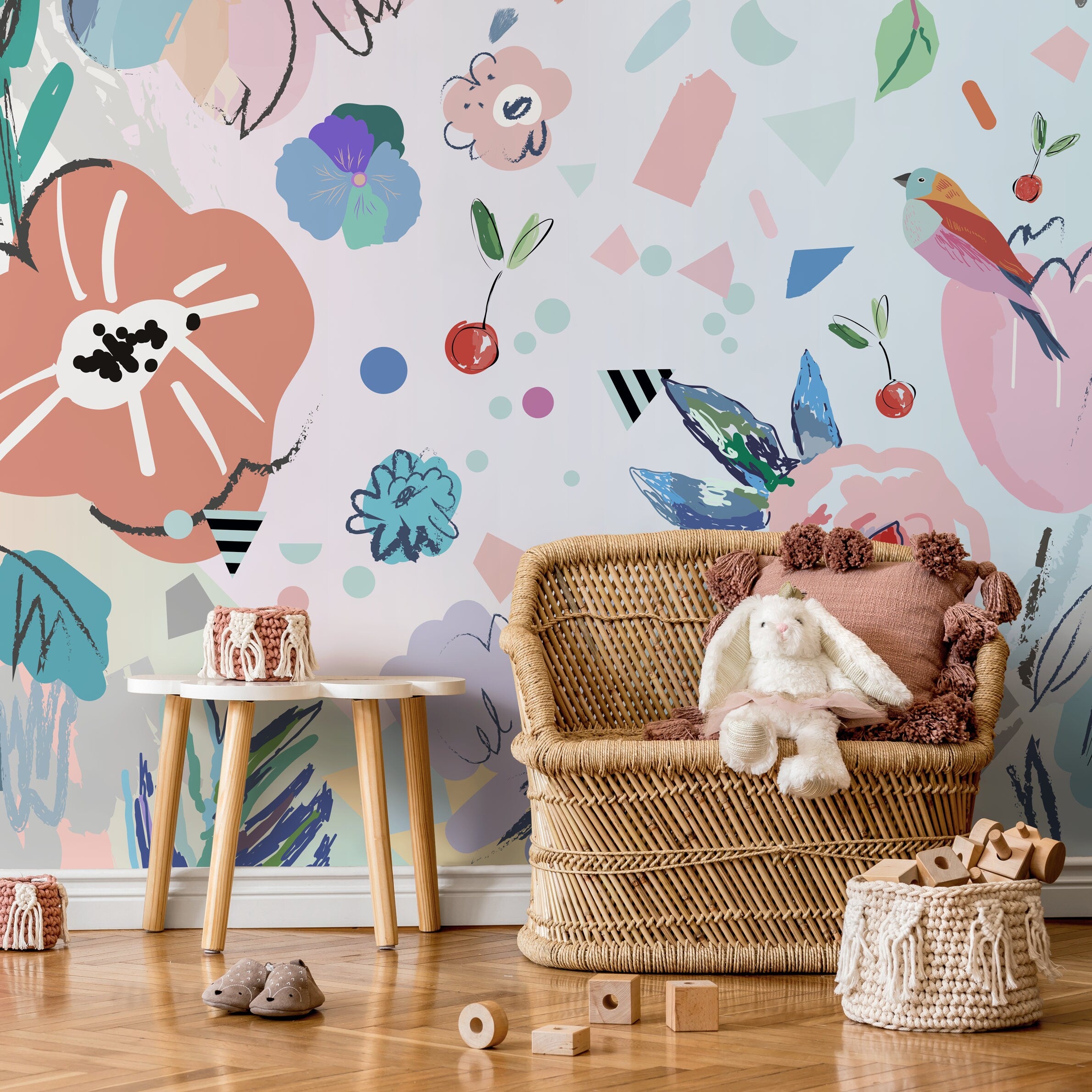 Abstract Wallpaper With A Collage Of Flowers And Shapes In Pink, Blue, And Purple - B176