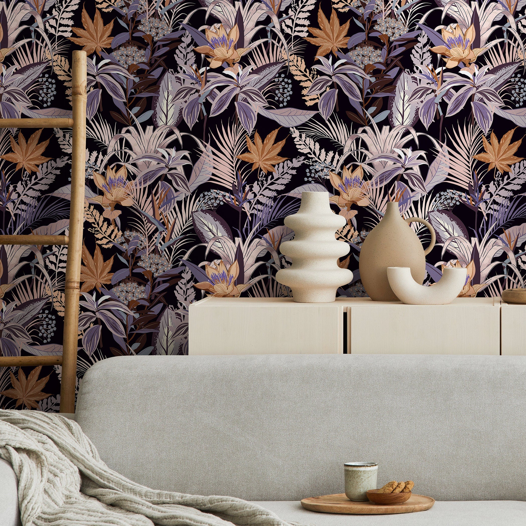 Botanical Wallpaper With Exotic Jungle Foliage In Purple, Brown, And Beige - B429
