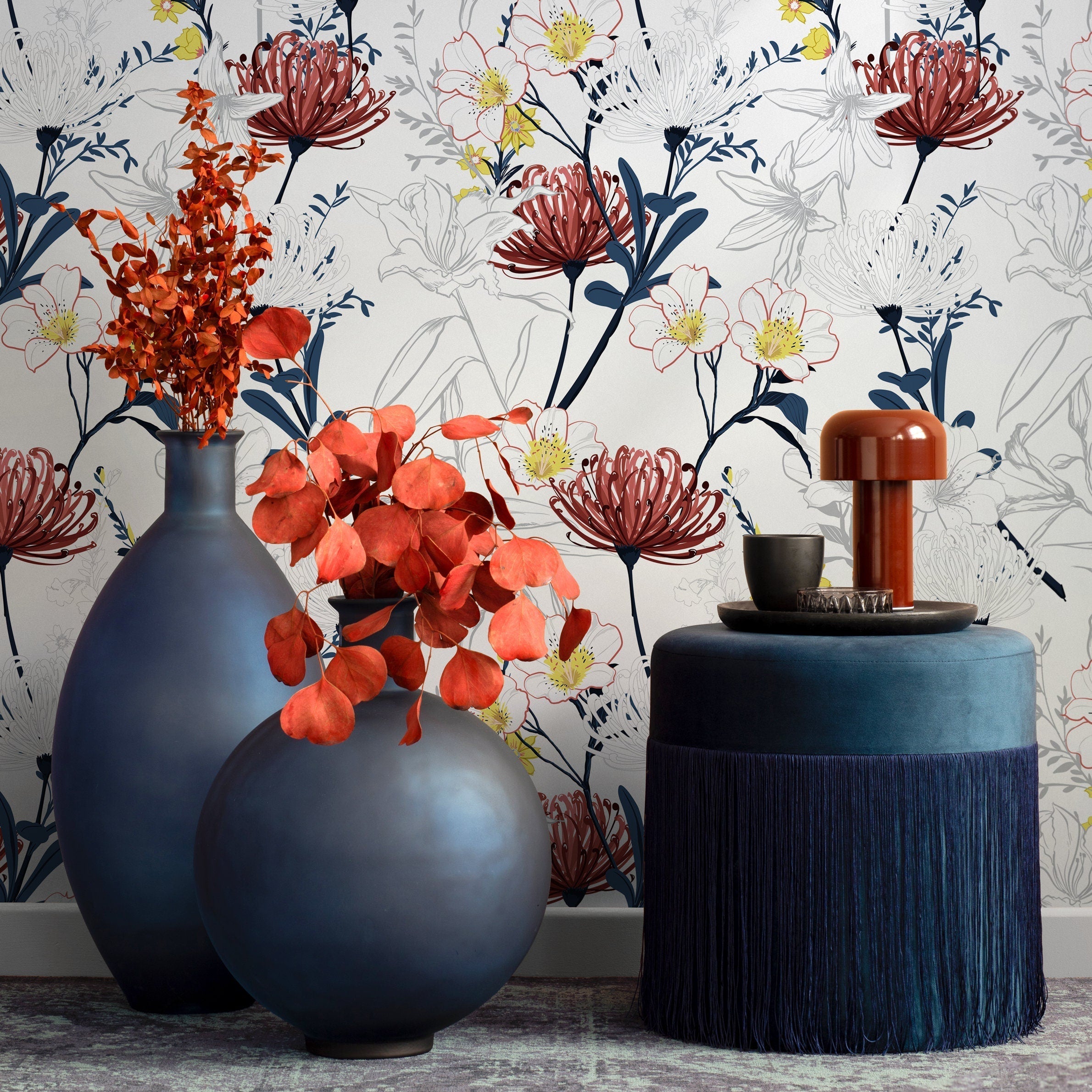 Floral Wallpaper With Outlined Tropical Blooms In Red, Blue, And Yellow - B432