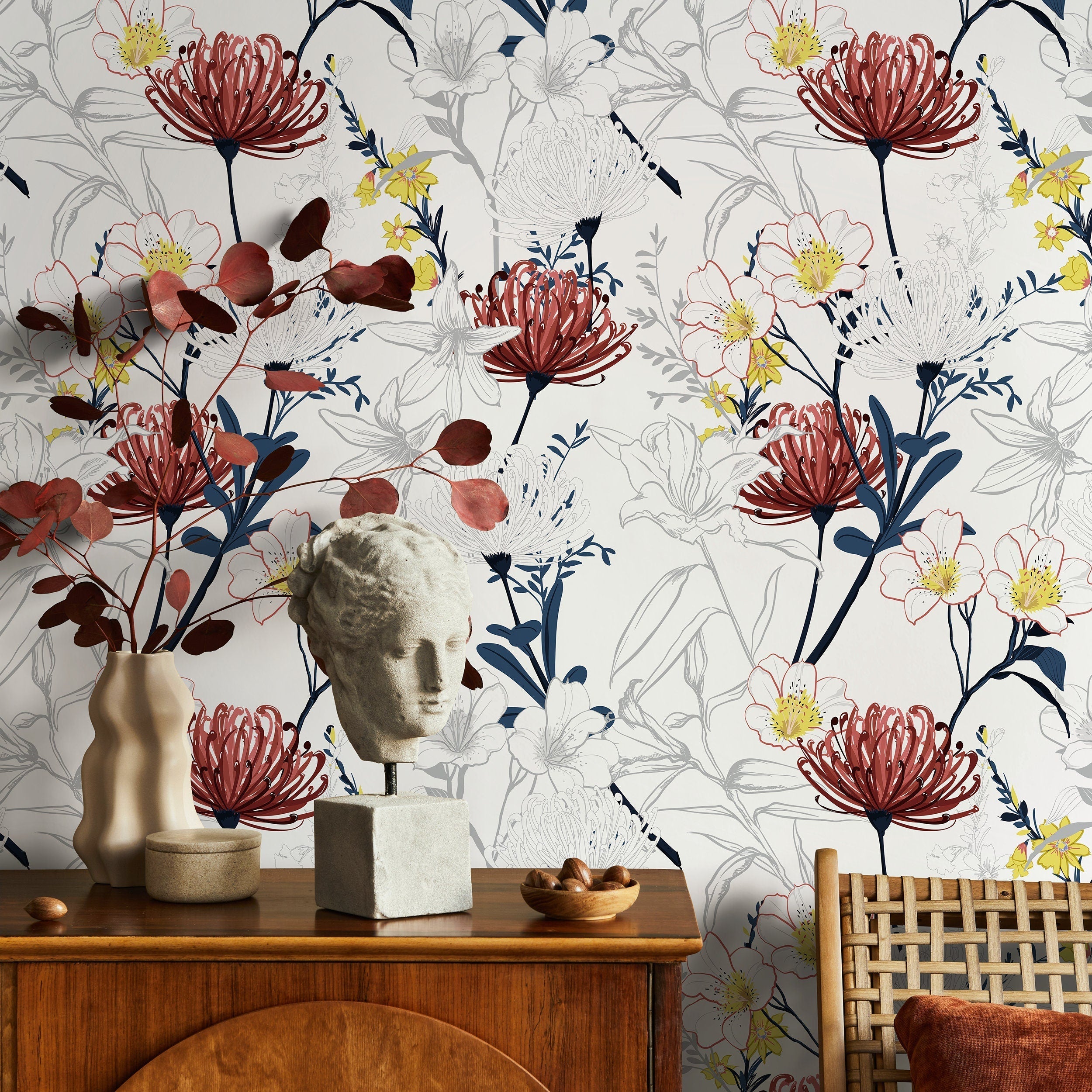 Floral Wallpaper With Outlined Tropical Blooms In Red, Blue, And Yellow - B432