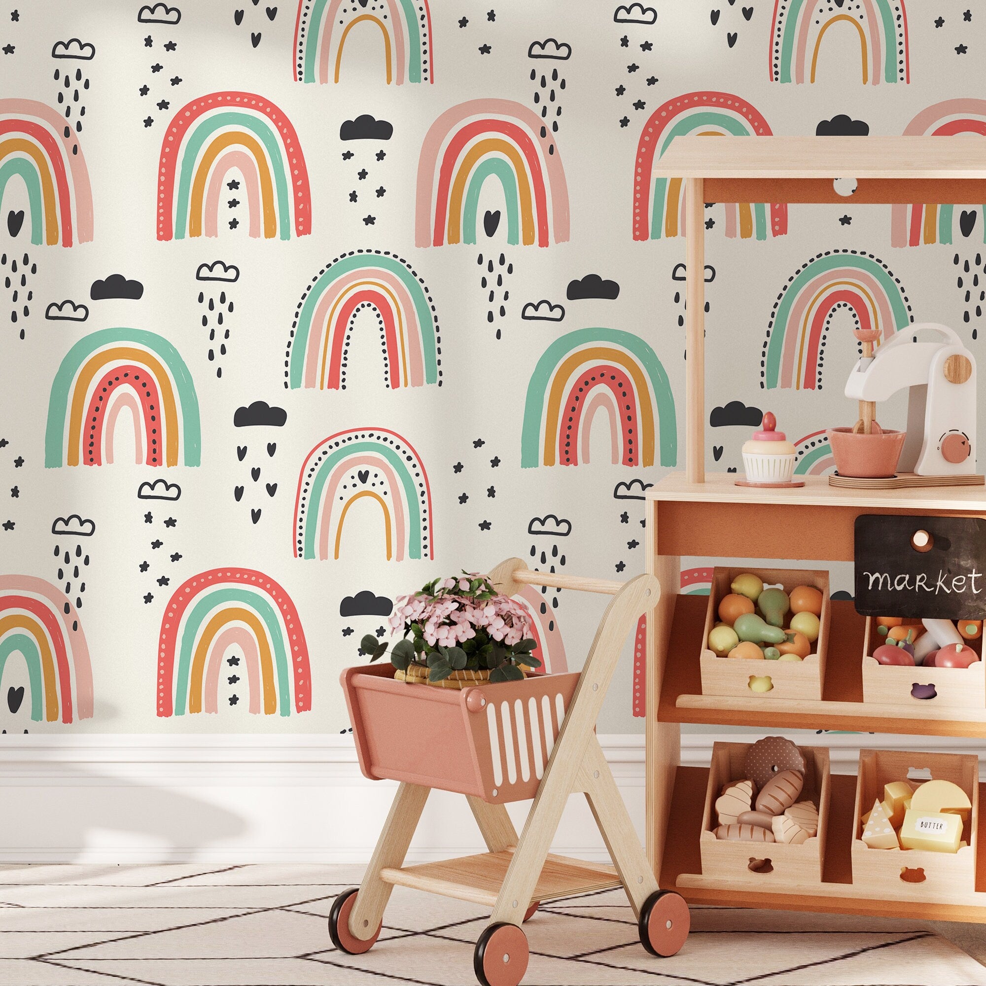 Rainbow Wallpaper With A Whimsical Hand-drawn Motif In Red, Teal, And Pink - B489