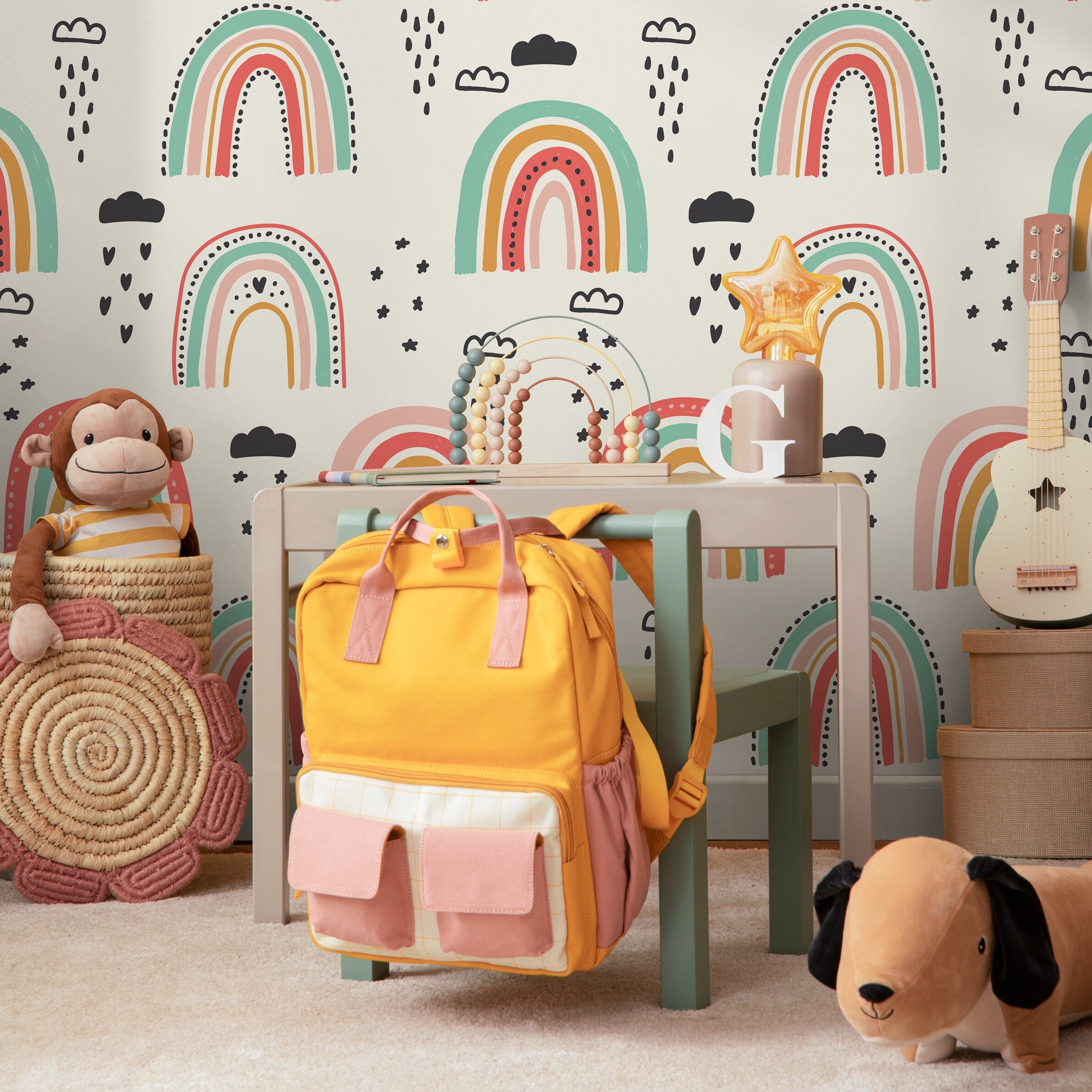 Rainbow Wallpaper With A Whimsical Hand-drawn Motif In Red, Teal, And Pink - B489