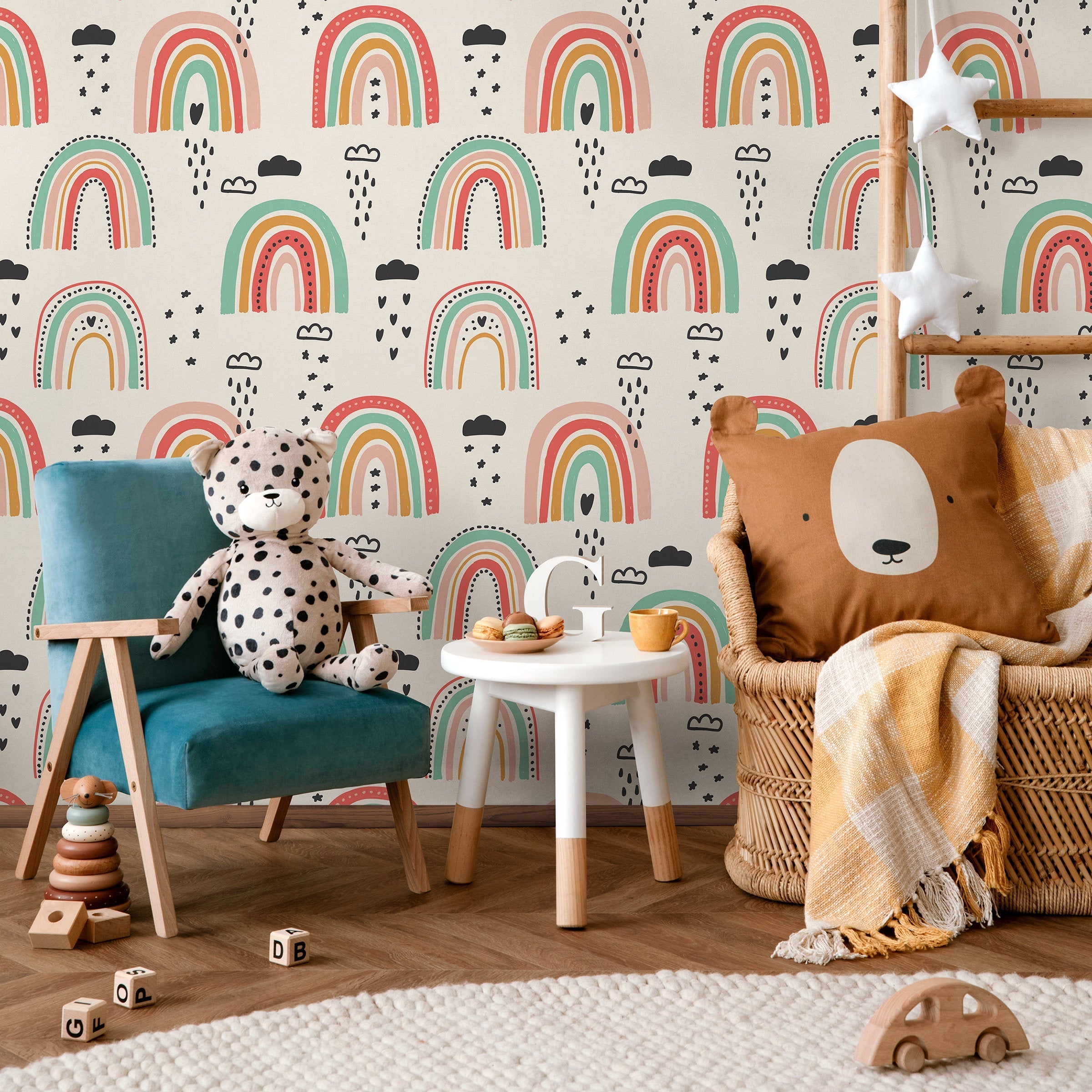 Rainbow Wallpaper With A Whimsical Hand-drawn Motif In Red, Teal, And Pink - B489