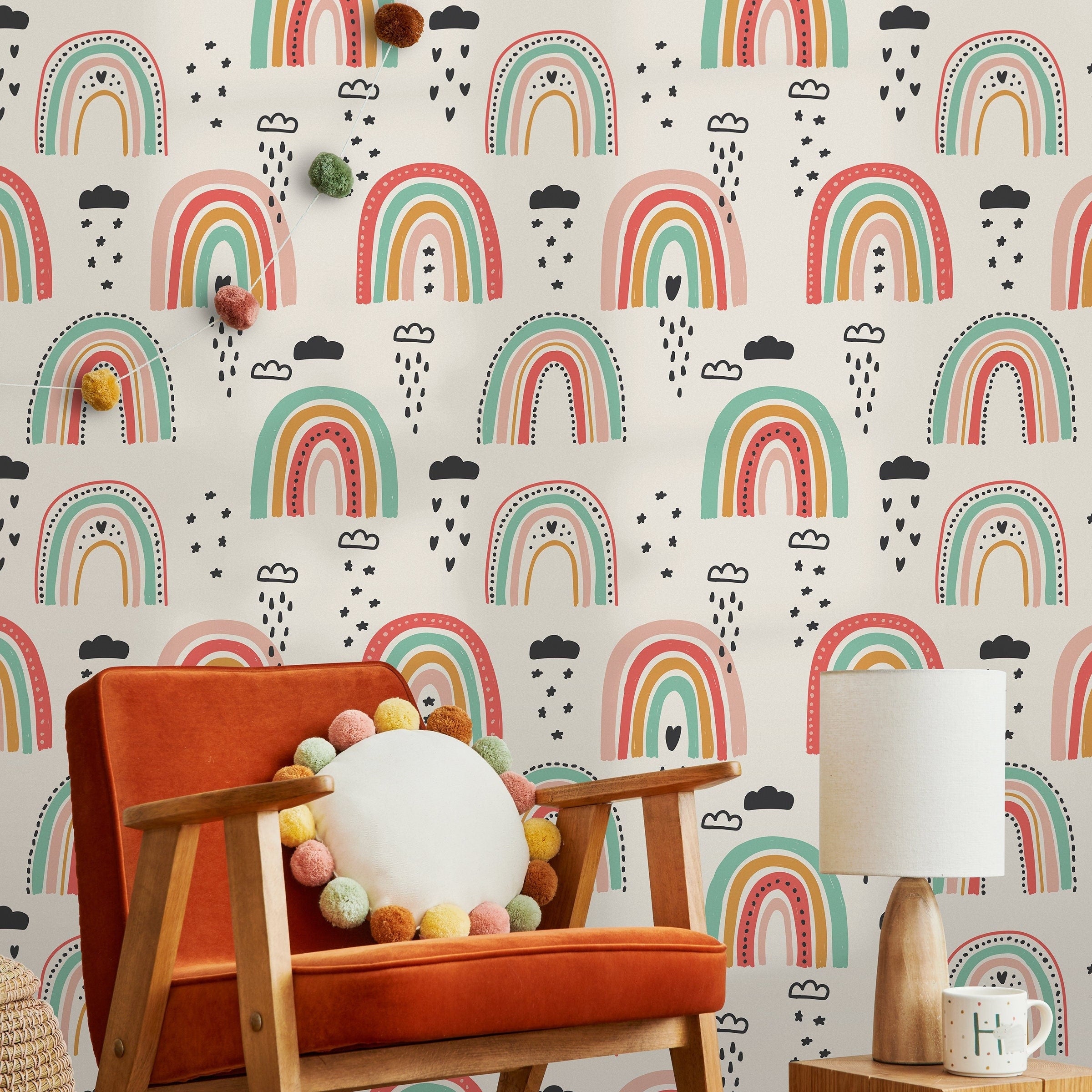 Rainbow Wallpaper With A Whimsical Hand-drawn Motif In Red, Teal, And Pink - B489