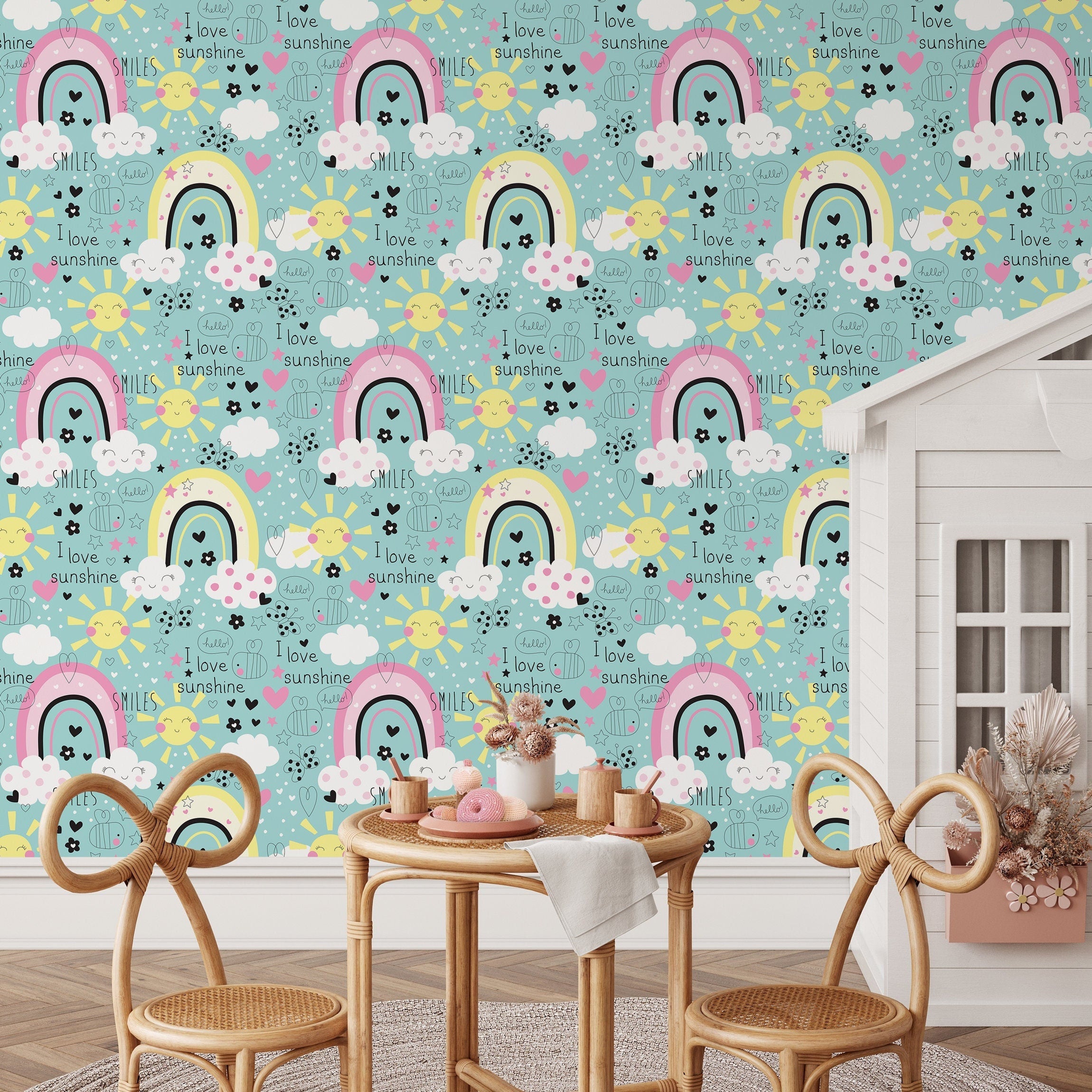 Kids Wallpaper With Sunshine And Rainbows In Pink, Yellow, And Teal - B490