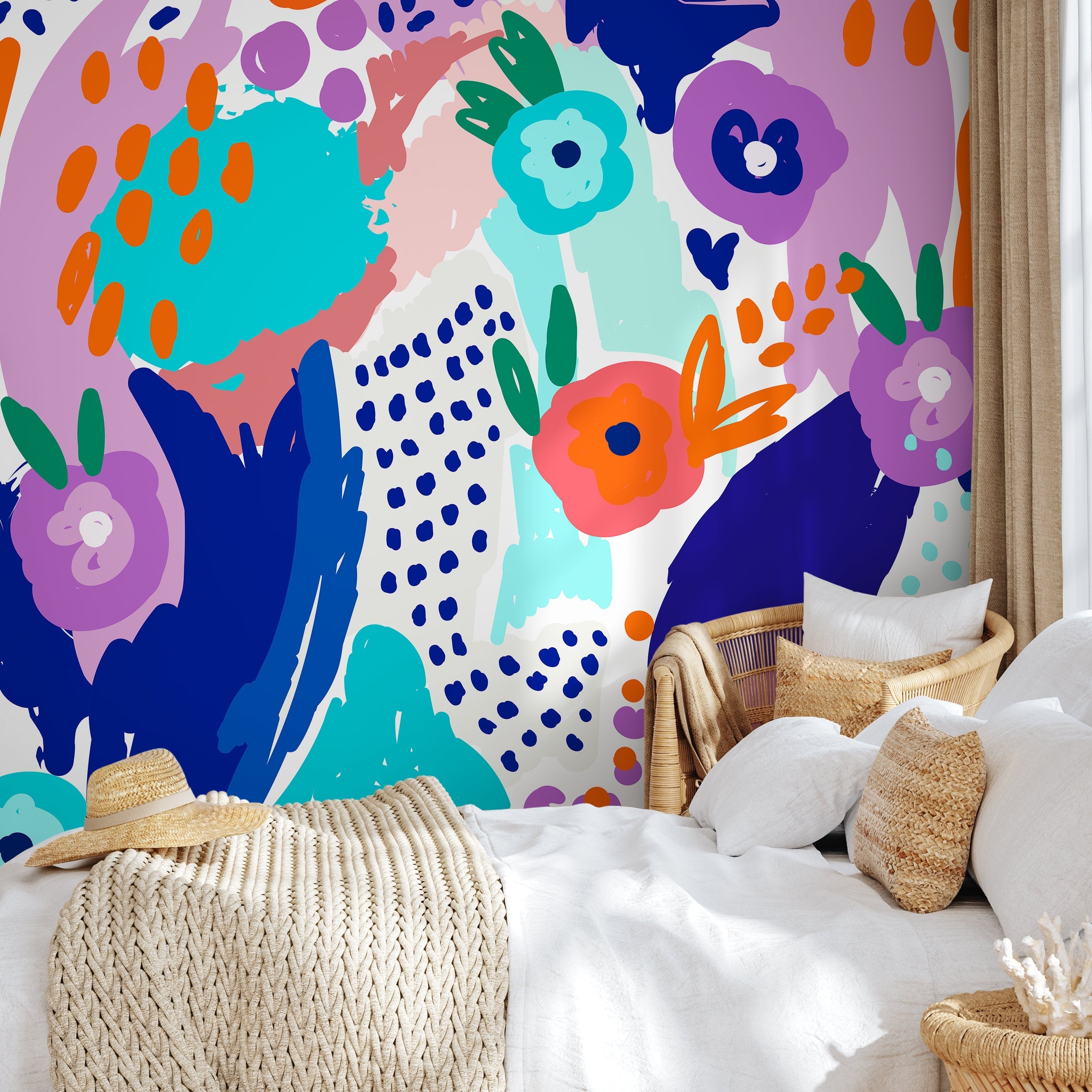 Abstract Wallpaper With Bold Floral And Organic Shapes In Blue, Purple, And Orange - B502