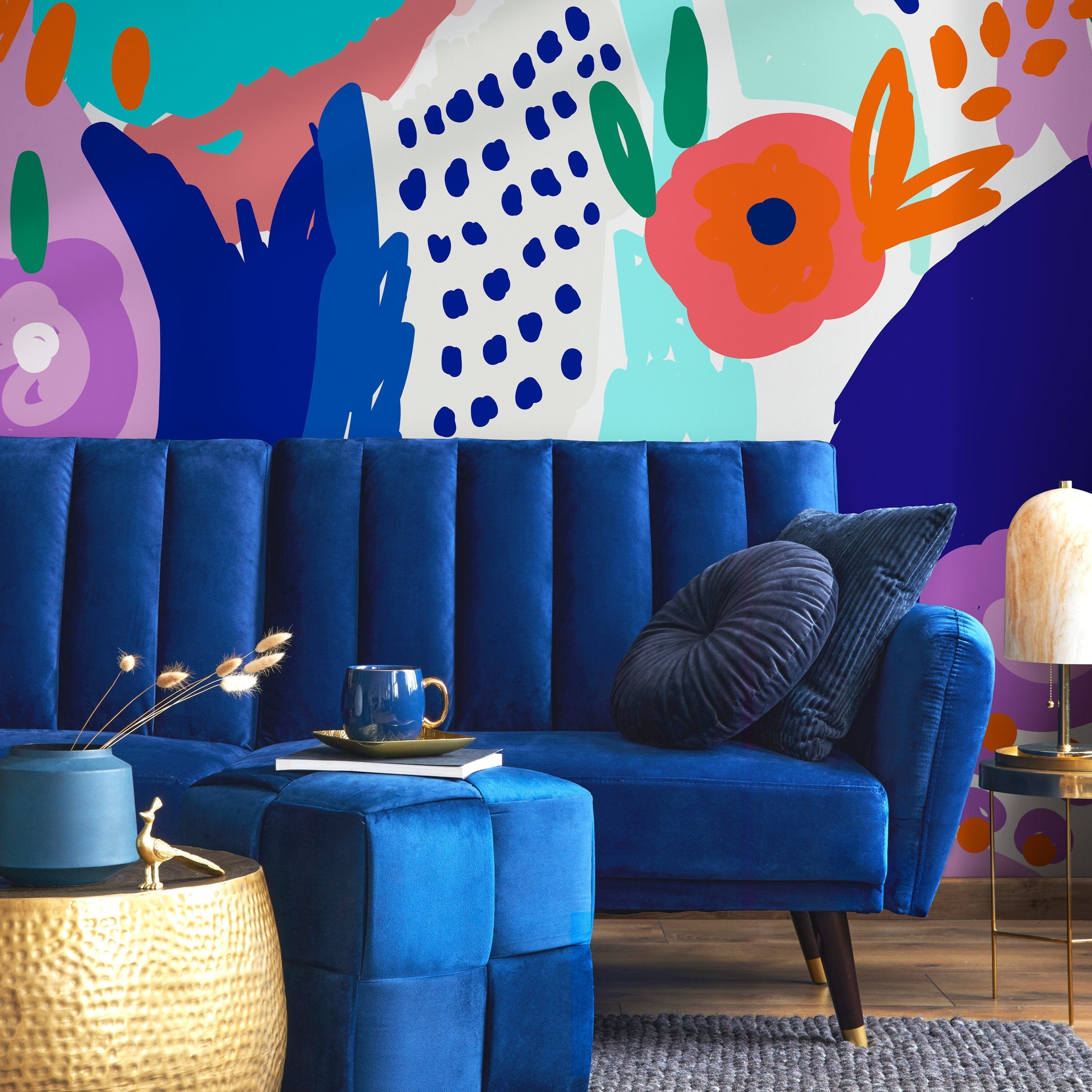 Abstract Wallpaper With Bold Floral And Organic Shapes In Blue, Purple, And Orange - B502