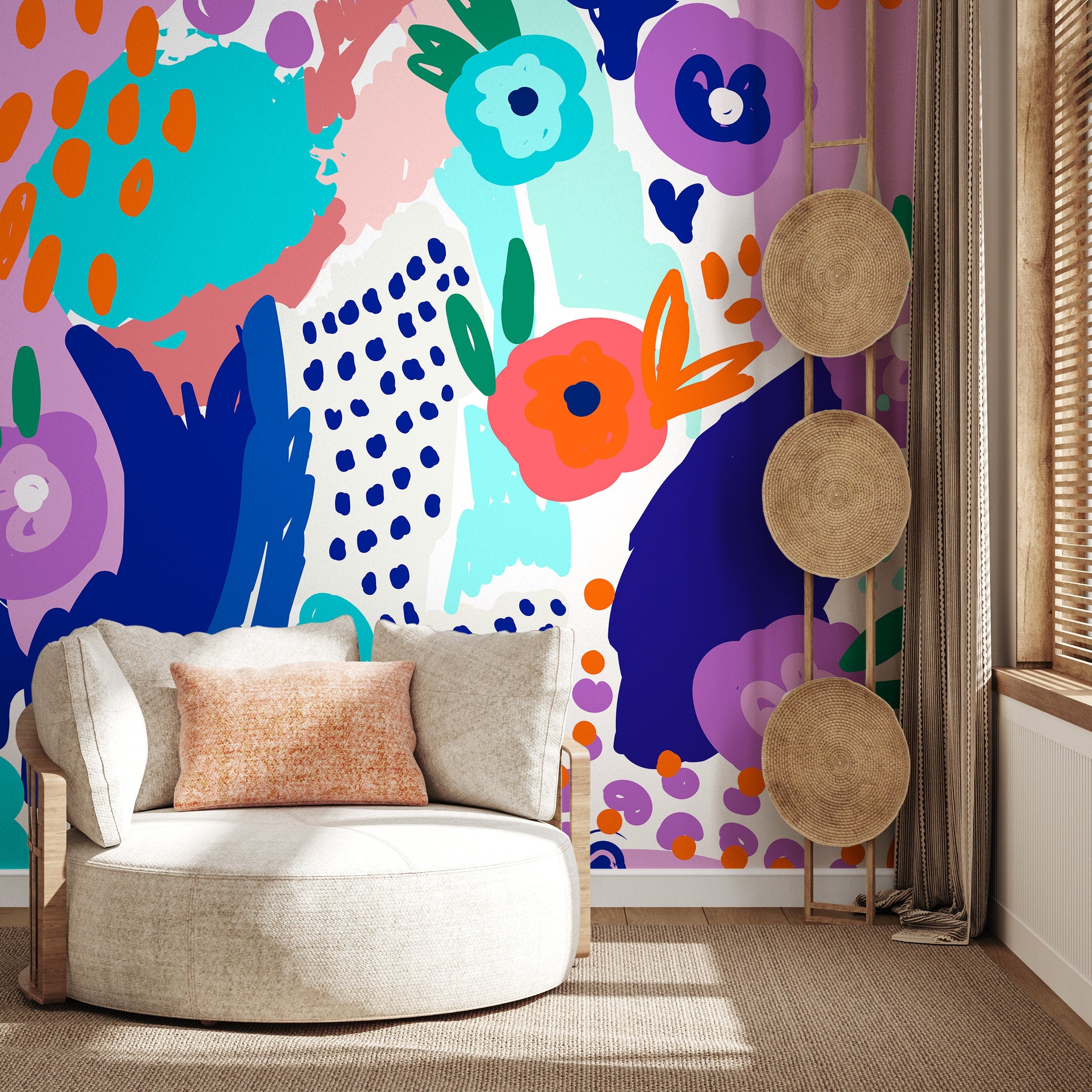 Abstract Wallpaper With Bold Floral And Organic Shapes In Blue, Purple, And Orange - B502