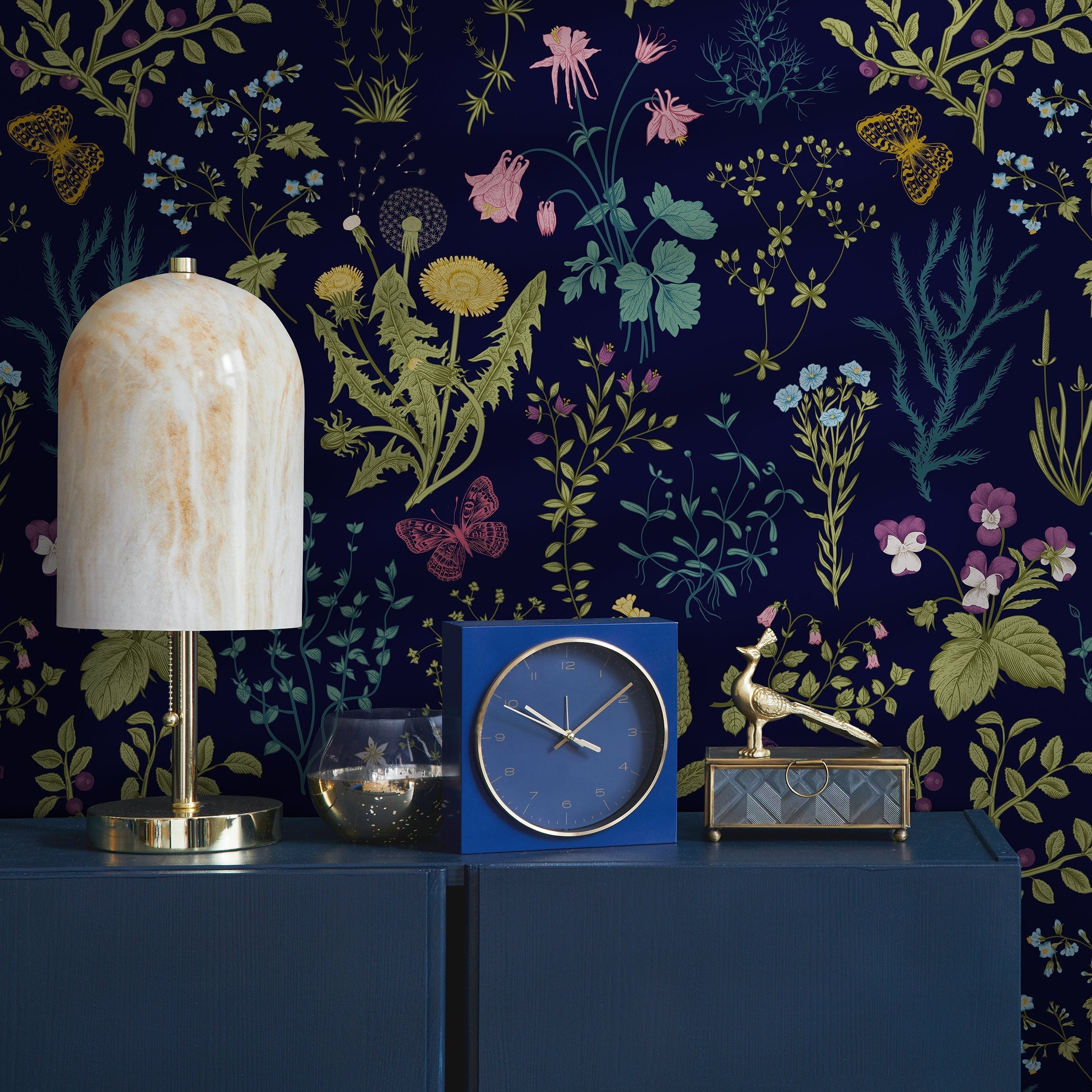 Botanical Wallpaper With Wildflowers And Butterflies In Navy Blue, Yellow, And Pink - B506