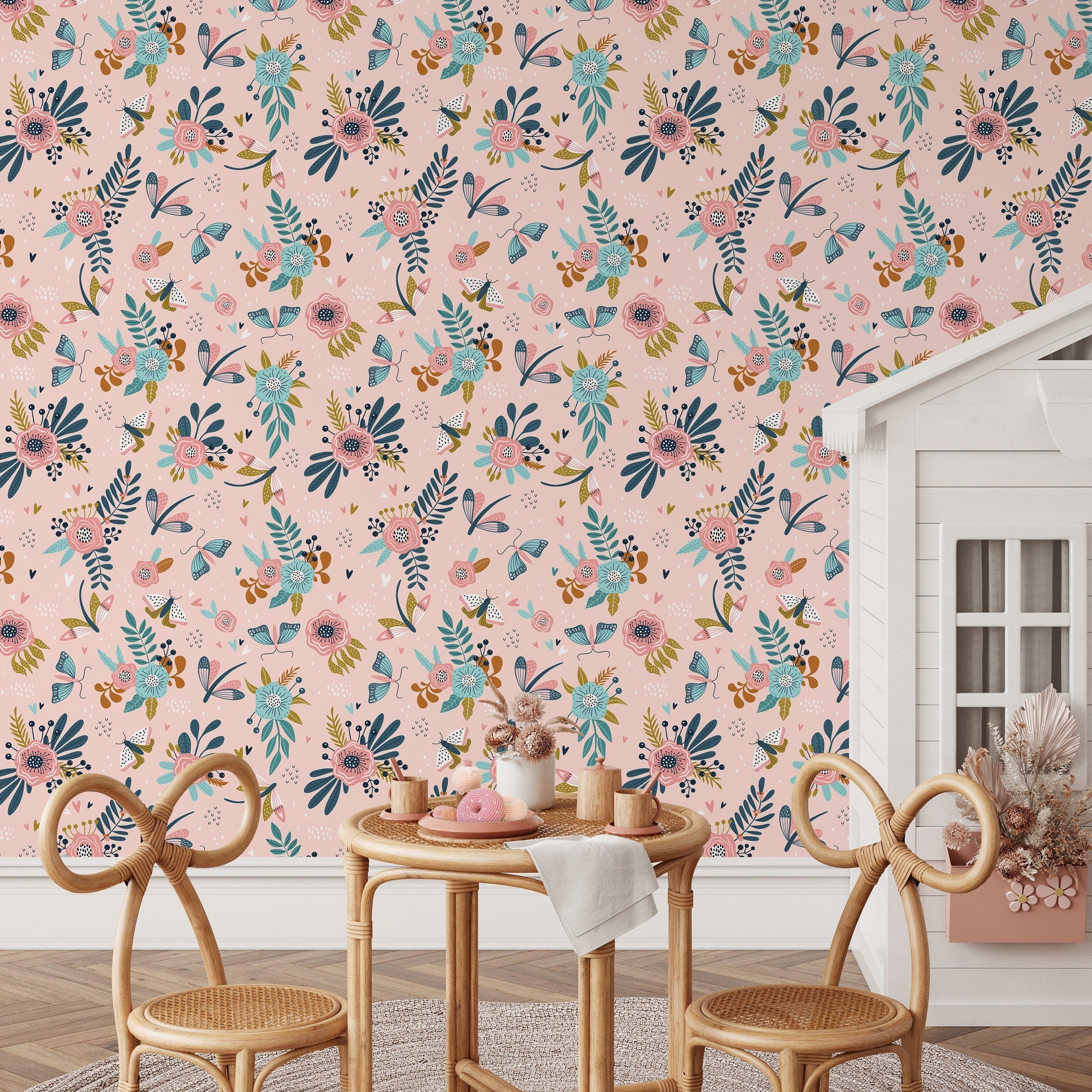 Floral Wallpaper With Butterflies And Dragonflies In Pink, Teal, And Gold - B512