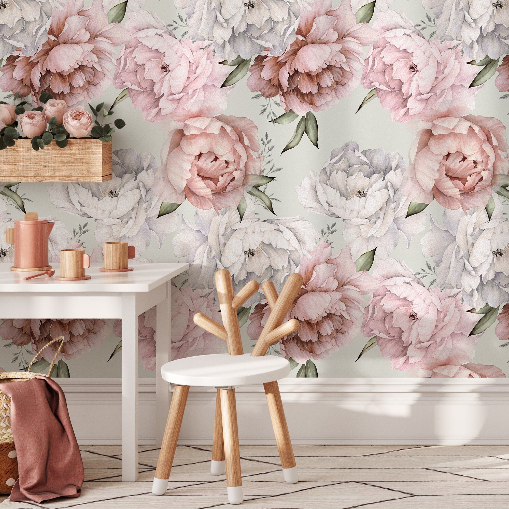 Floral Wallpaper Featuring Watercolor Peonies In Pink, White, And Green - B516