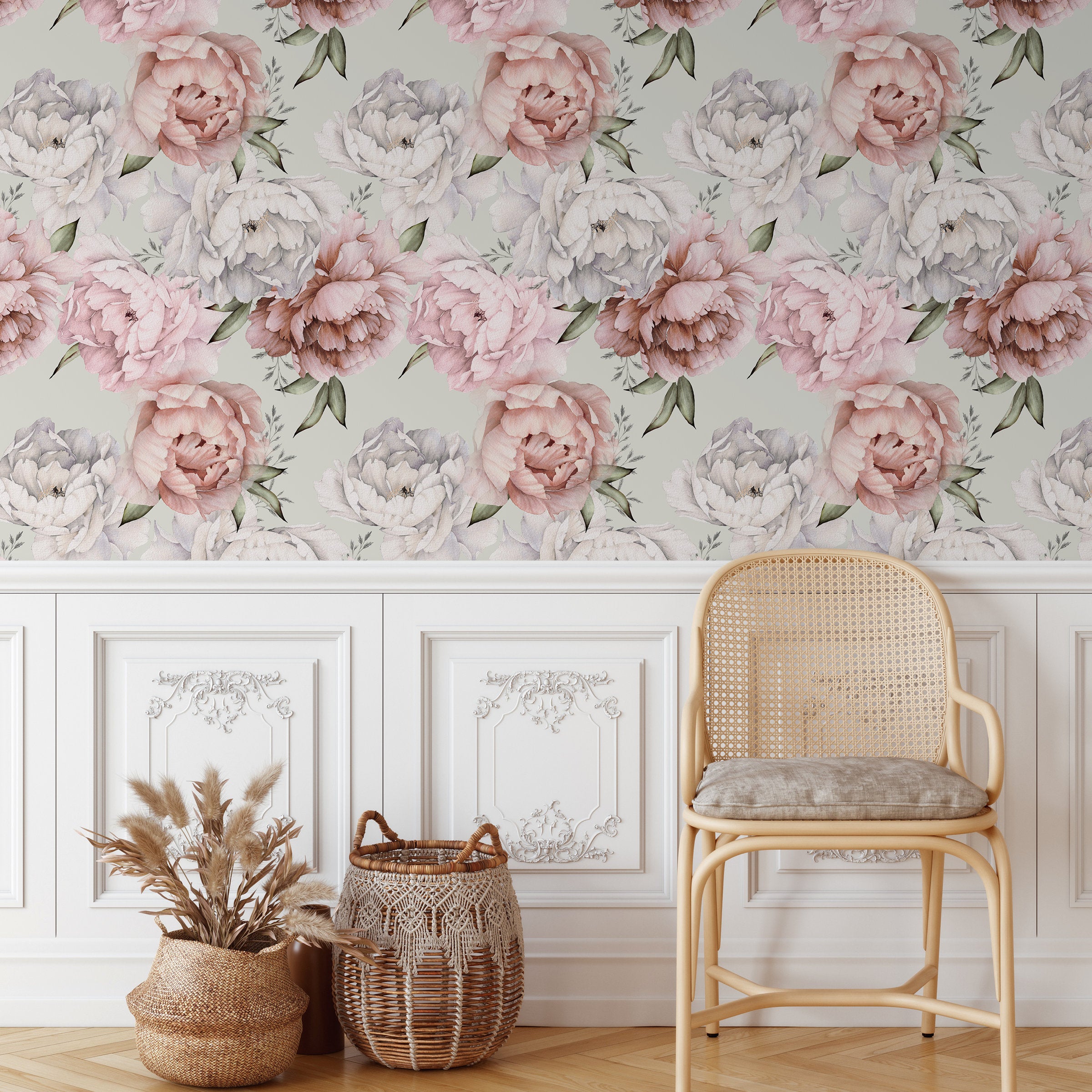 Floral Wallpaper Featuring Watercolor Peonies In Pink, White, And Green - B516