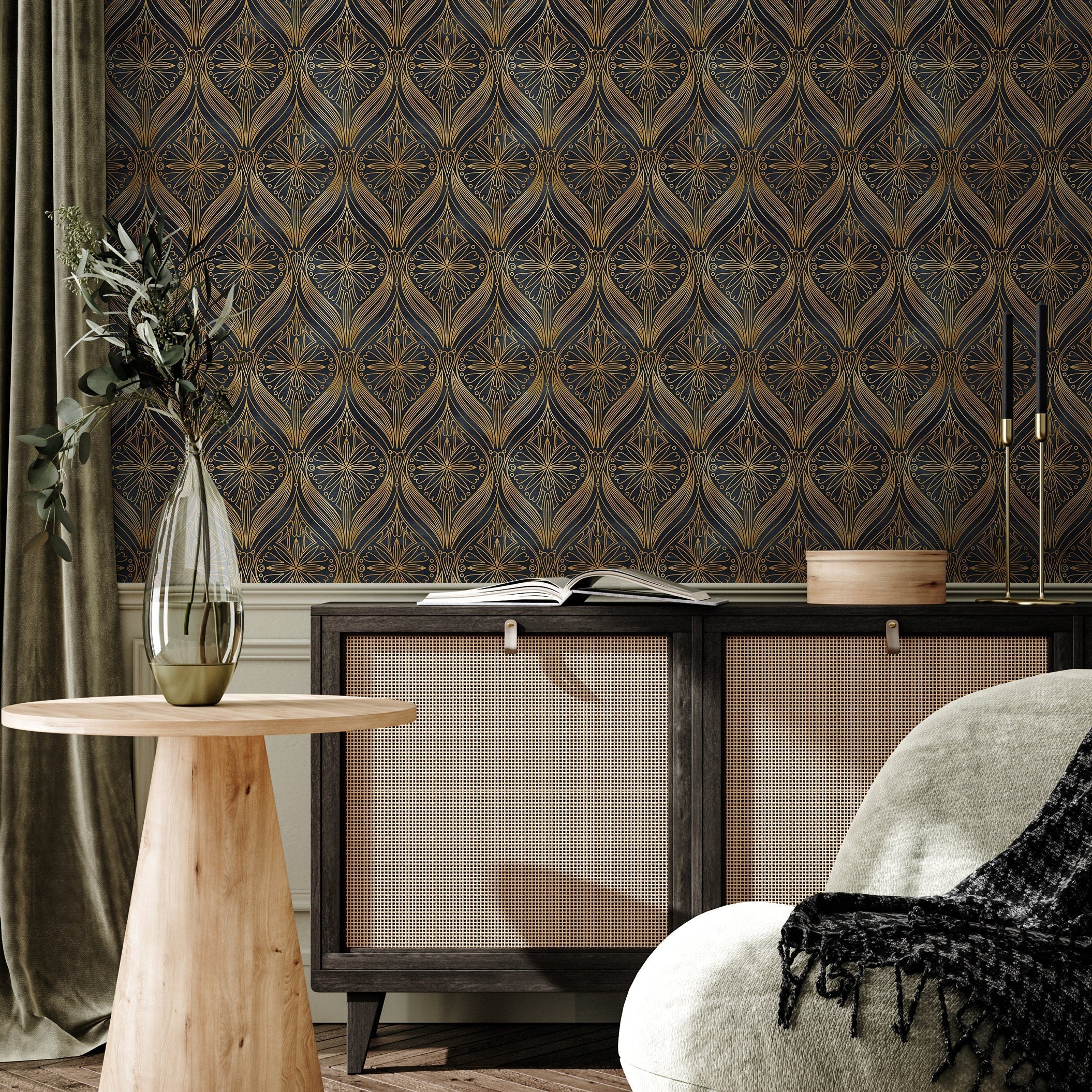 Art Deco Wallpaper With An Intricate Fan Motif In Black And Yellow Gold - B520