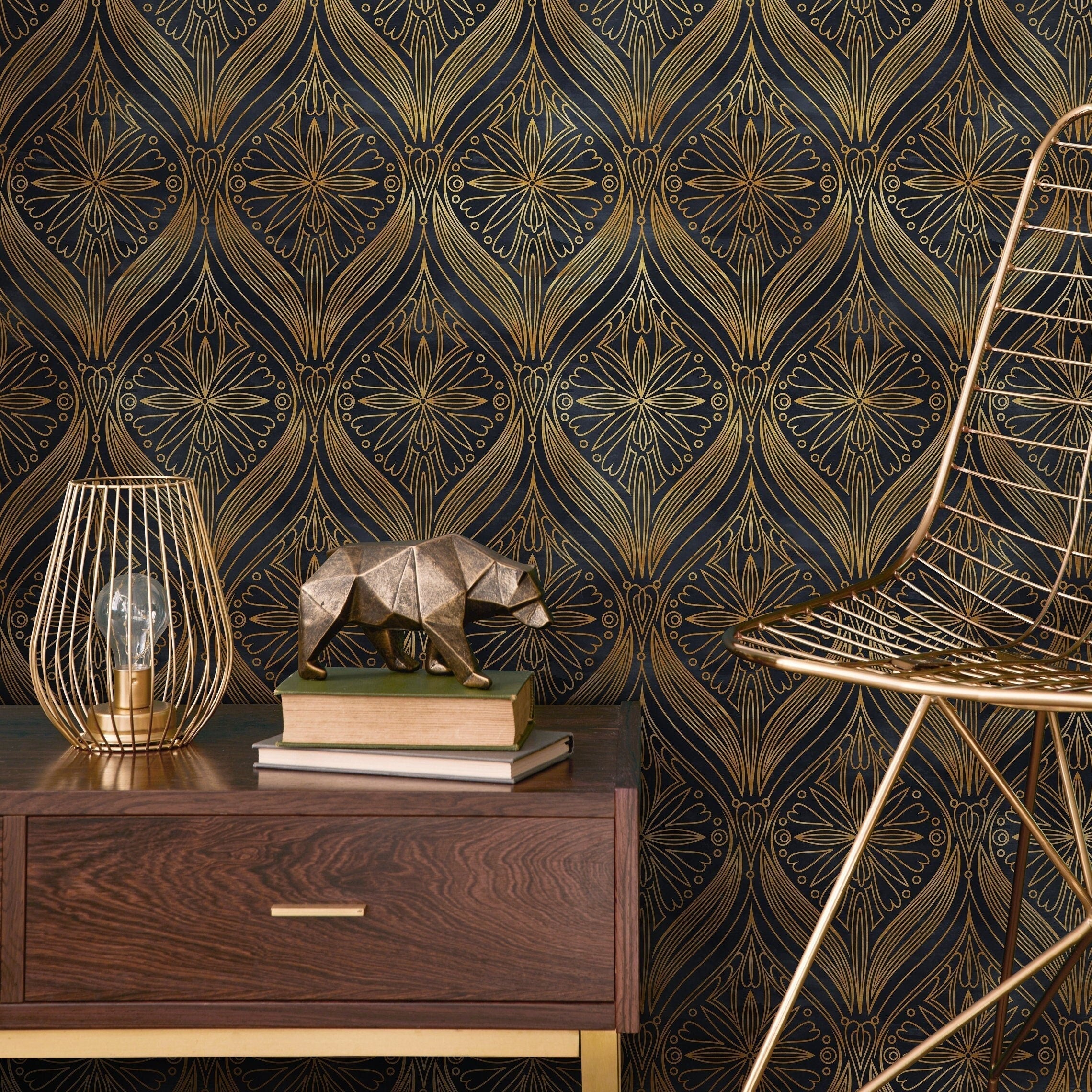Art Deco Wallpaper With An Intricate Fan Motif In Black And Yellow Gold - B520