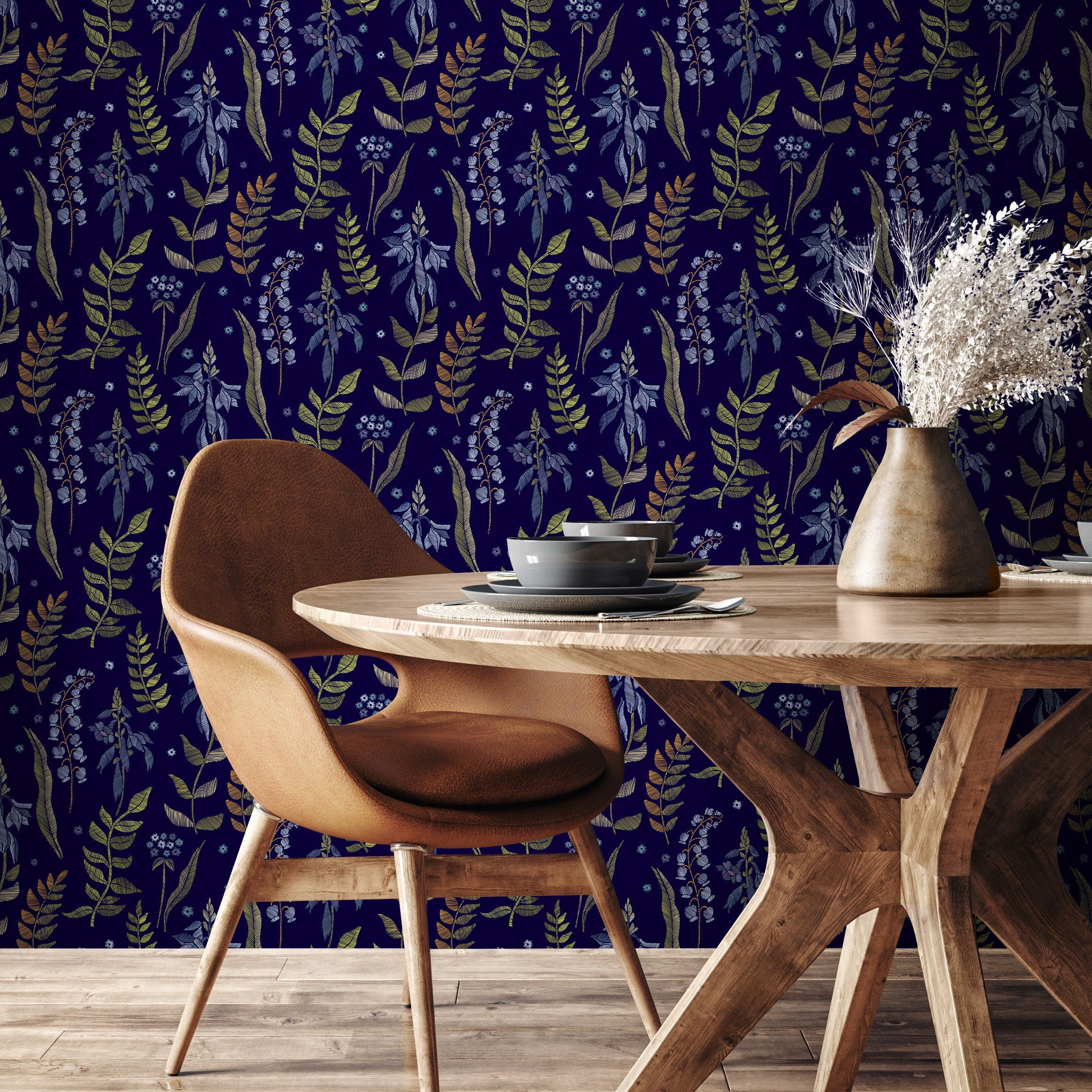 Botanical Wallpaper With A Faux Embroidery Motif In Navy Blue, Gold, And Blue - B535