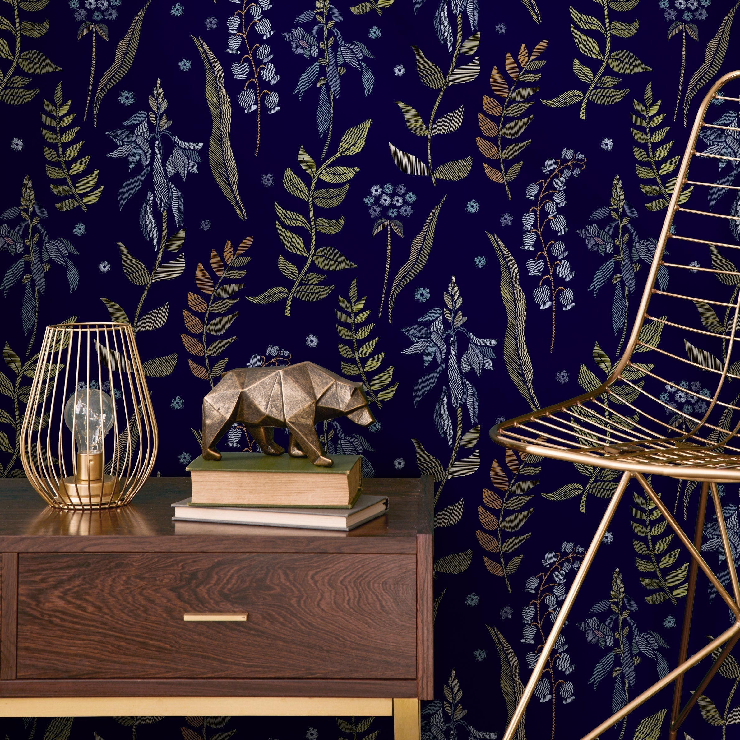 Botanical Wallpaper With A Faux Embroidery Motif In Navy Blue, Gold, And Blue - B535