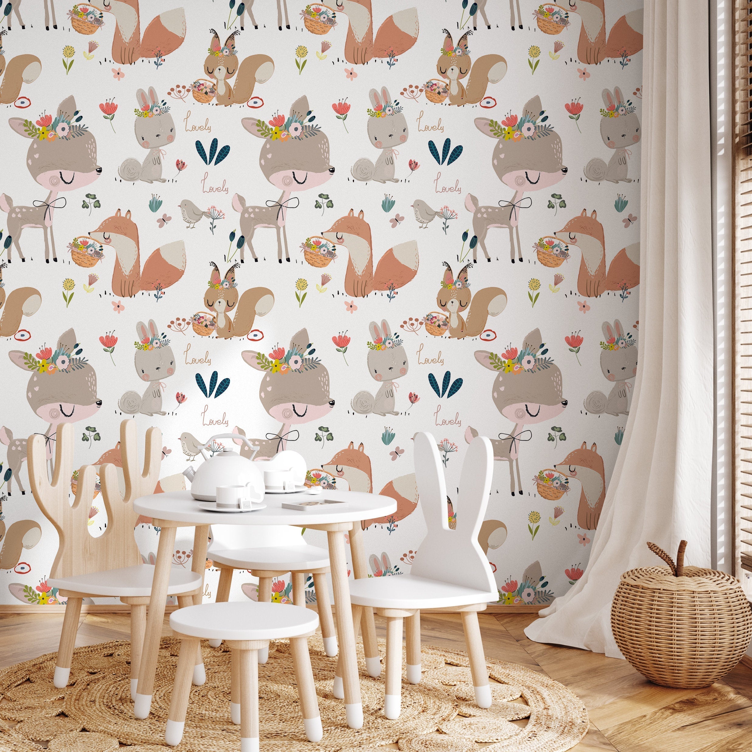 Animal Wallpaper With Floral Woodland Creatures In Brown, Pink, And Teal - B547